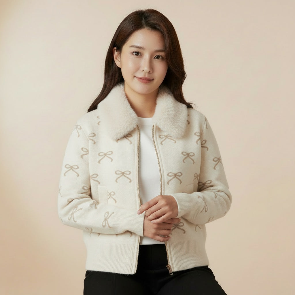 Cozy Bow Knit Zip Jacket – White