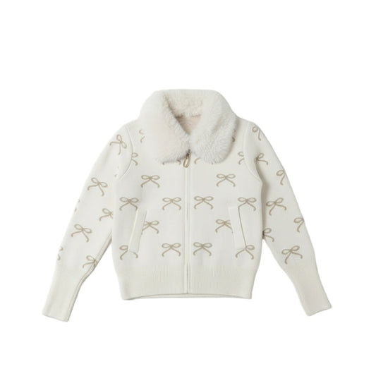 Cozy Bow Knit Zip Jacket – White