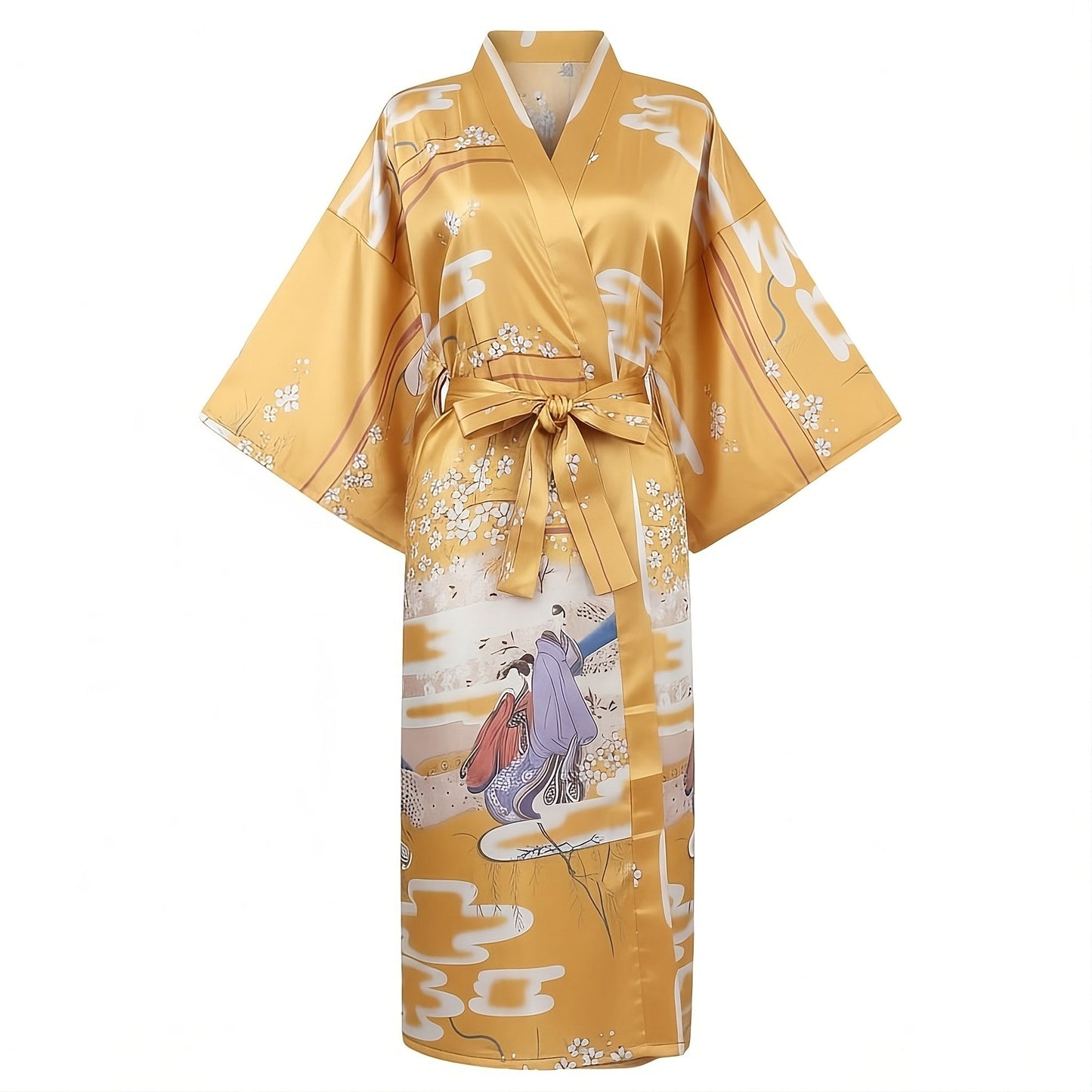 Women’s Lightweight Kimono-Style Robe, Japanese-Inspired Floral & Cloud Pattern, Cotton-Blend, One Size Fits Most