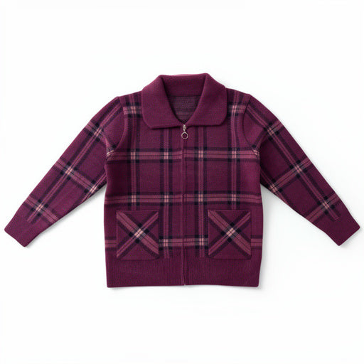 Plum Plaid Zip-Up Knit Jacket with Subtle Sparkle