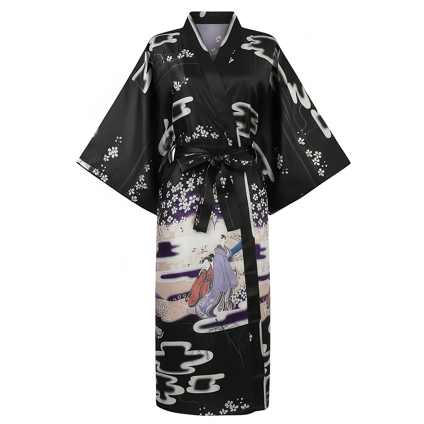 Women’s Lightweight Kimono-Style Robe, Japanese-Inspired Floral & Cloud Pattern, Cotton-Blend, One Size Fits Most