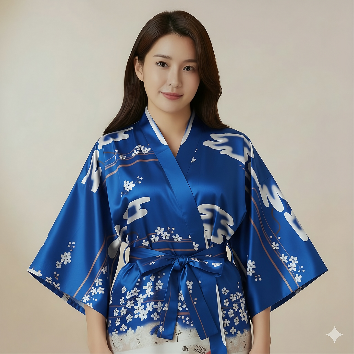 Women’s Lightweight Kimono-Style Robe, Japanese-Inspired Floral & Cloud Pattern, Cotton-Blend, One Size Fits Most