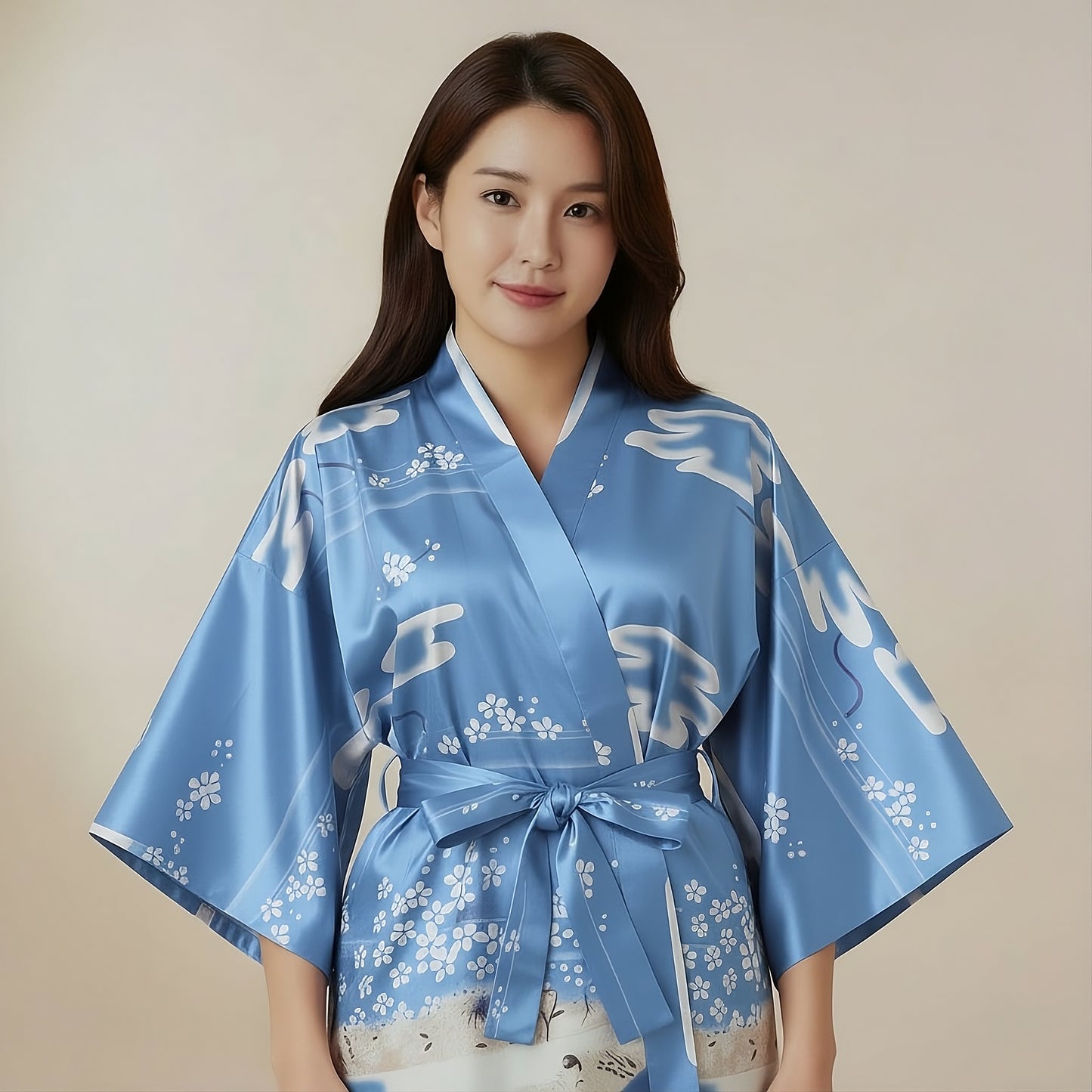 Women’s Lightweight Kimono-Style Robe, Japanese-Inspired Floral & Cloud Pattern, Cotton-Blend, One Size Fits Most