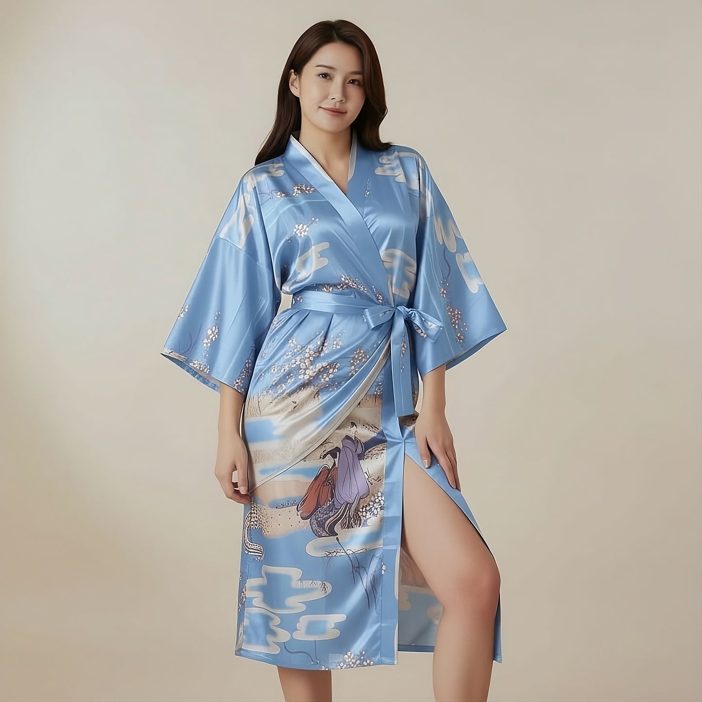 Women’s Lightweight Kimono-Style Robe, Japanese-Inspired Floral & Cloud Pattern, Cotton-Blend, One Size Fits Most