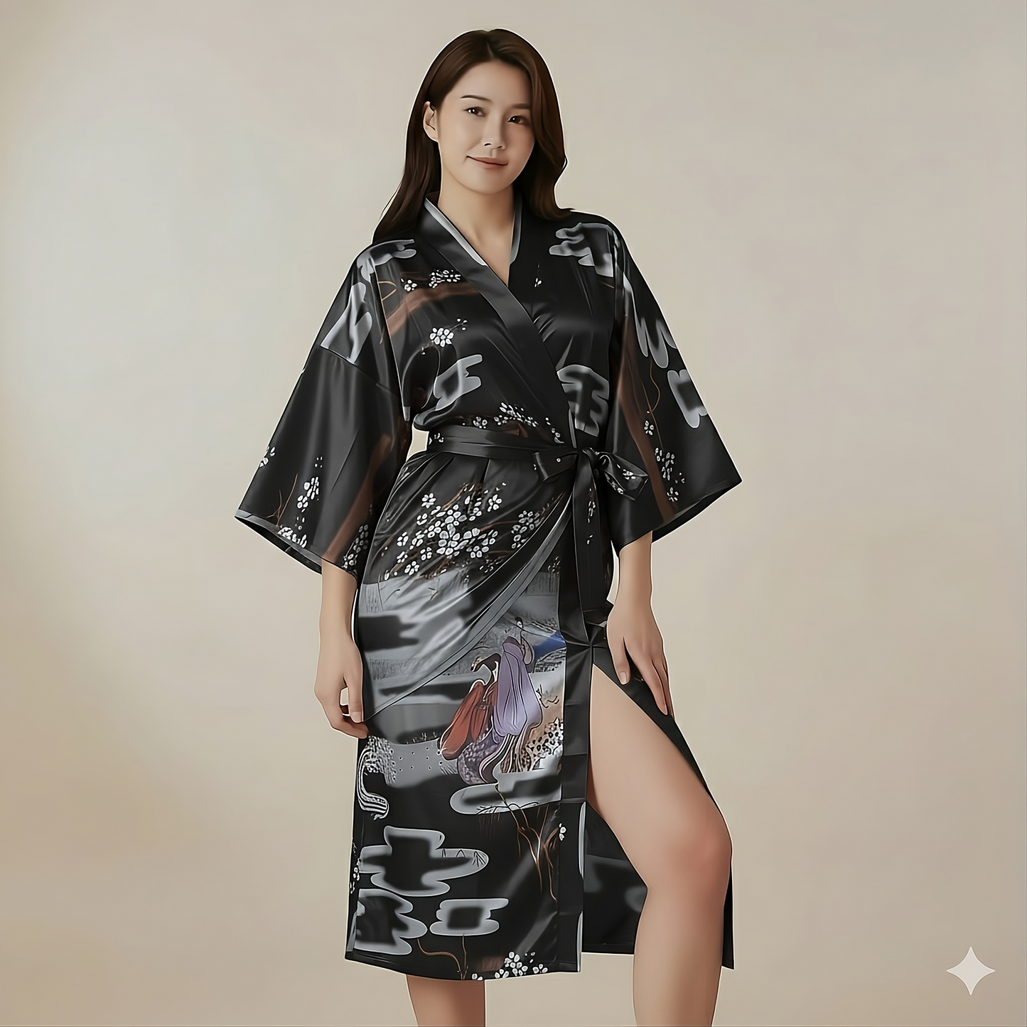 Women’s Lightweight Kimono-Style Robe, Japanese-Inspired Floral & Cloud Pattern, Cotton-Blend, One Size Fits Most