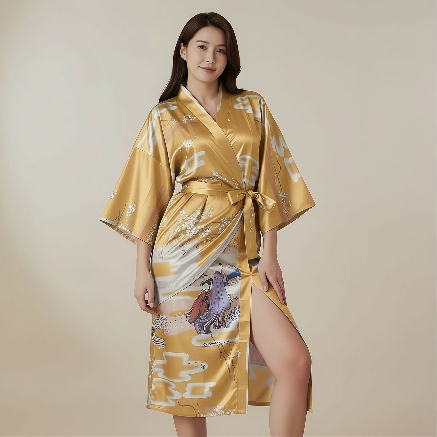 Women’s Lightweight Kimono-Style Robe, Japanese-Inspired Floral & Cloud Pattern, Cotton-Blend, One Size Fits Most