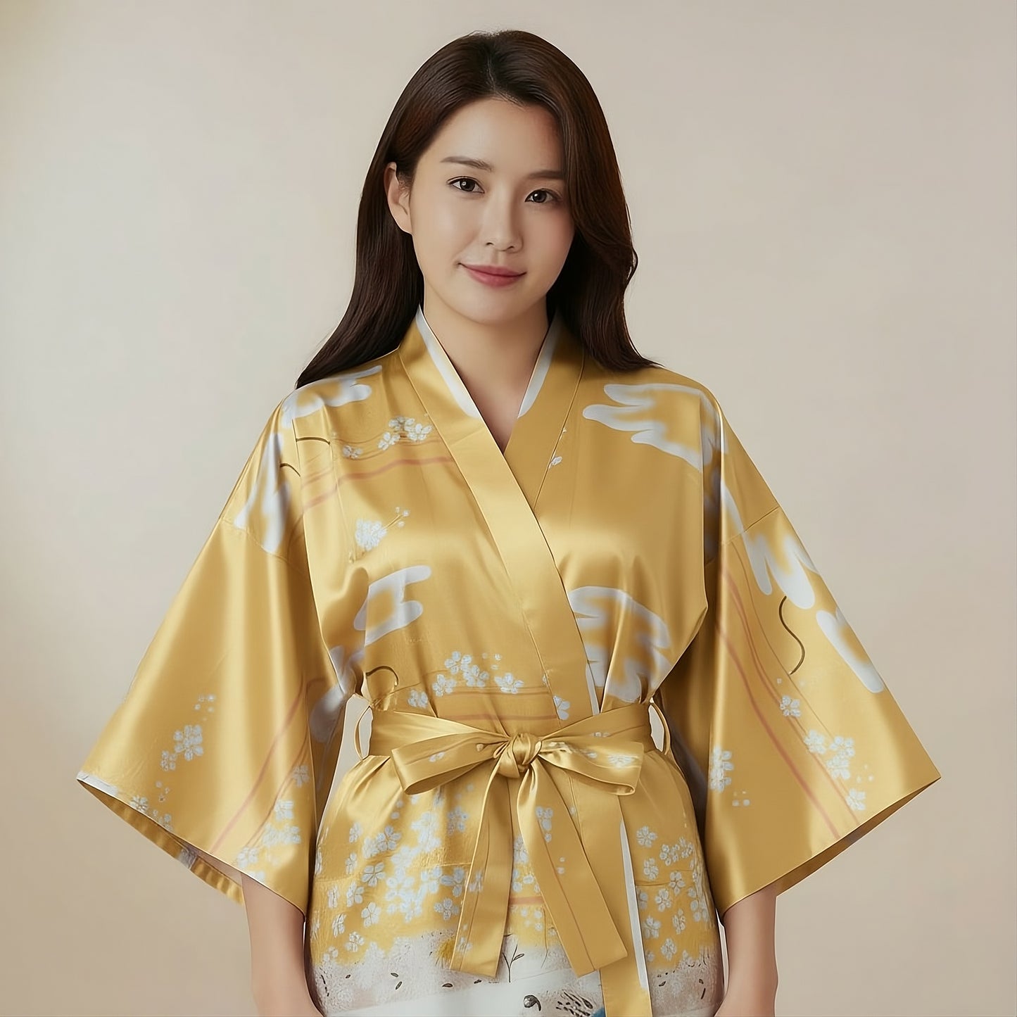 Women’s Lightweight Kimono-Style Robe, Japanese-Inspired Floral & Cloud Pattern, Cotton-Blend, One Size Fits Most