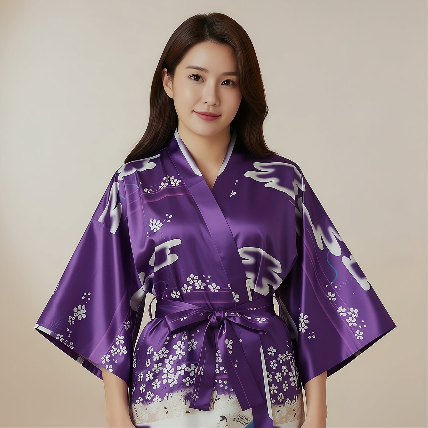 Women’s Lightweight Kimono-Style Robe, Japanese-Inspired Floral & Cloud Pattern, Cotton-Blend, One Size Fits Most