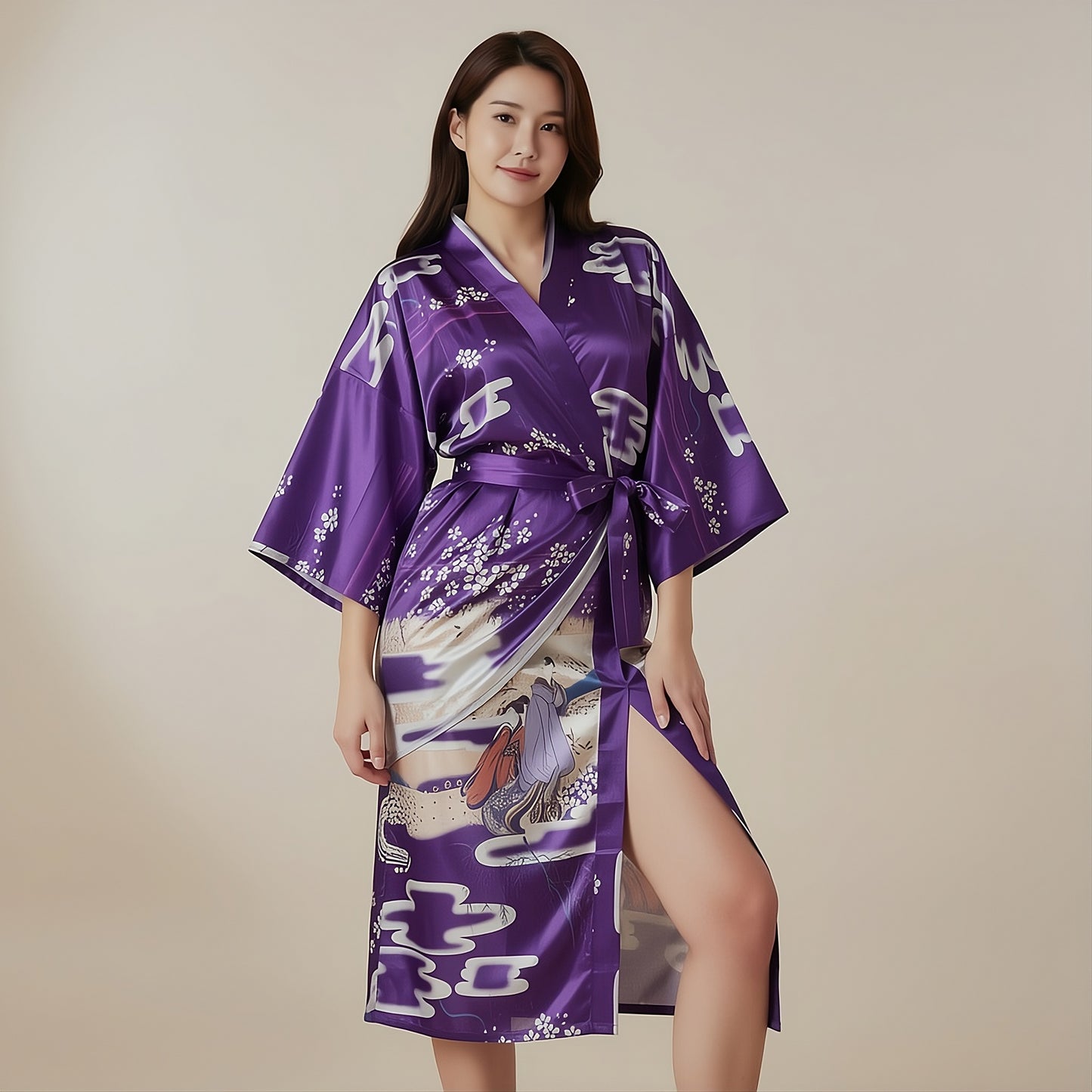 Women’s Lightweight Kimono-Style Robe, Japanese-Inspired Floral & Cloud Pattern, Cotton-Blend, One Size Fits Most