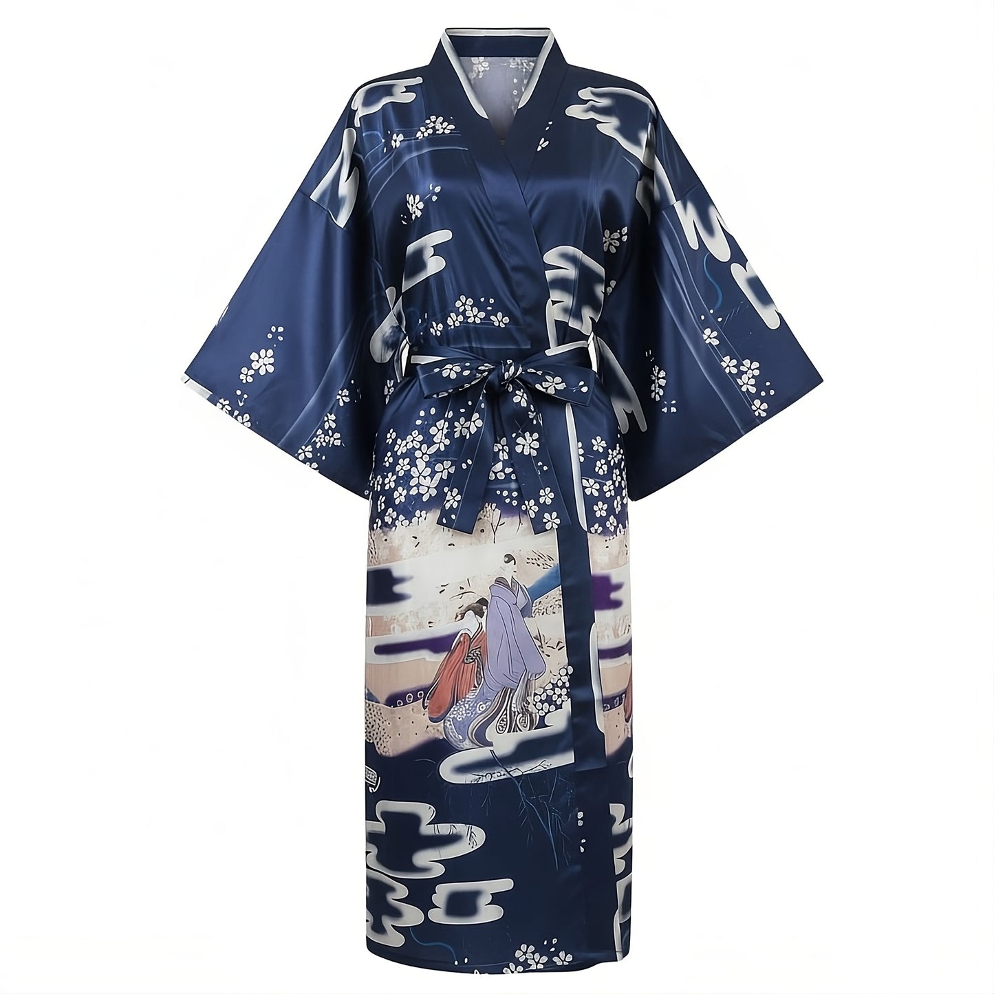 Women’s Lightweight Kimono-Style Robe, Japanese-Inspired Floral & Cloud Pattern, Cotton-Blend, One Size Fits Most