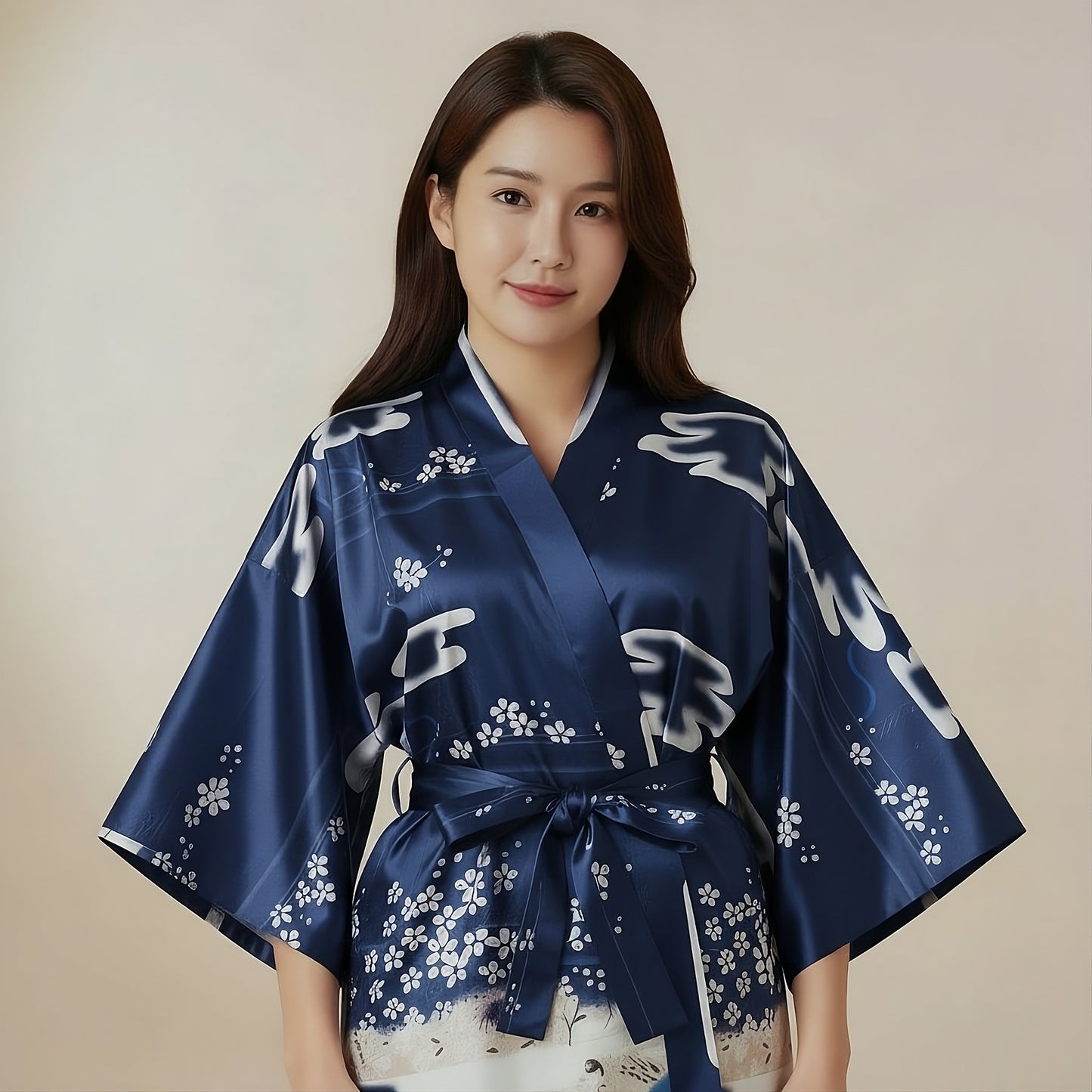Women’s Lightweight Kimono-Style Robe, Japanese-Inspired Floral & Cloud Pattern, Cotton-Blend, One Size Fits Most