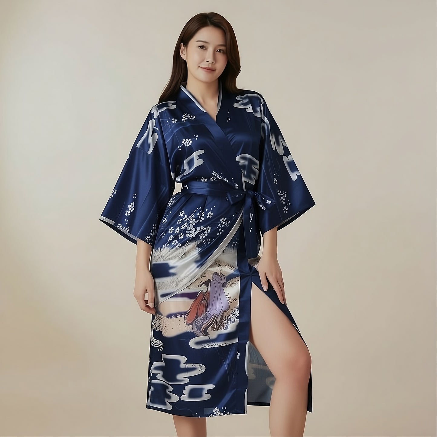 Women’s Lightweight Kimono-Style Robe, Japanese-Inspired Floral & Cloud Pattern, Cotton-Blend, One Size Fits Most