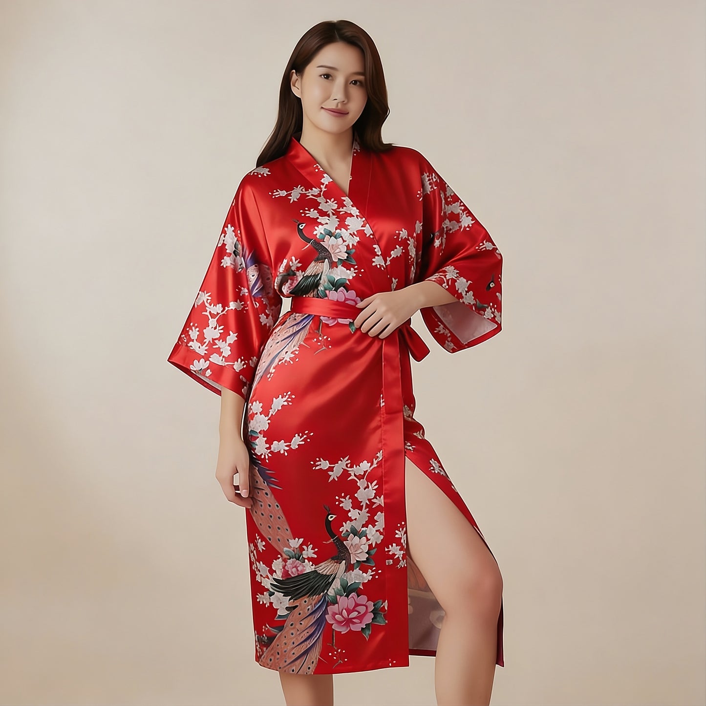 Women’s Lightweight Kimono-Style Robe, Japanese-Inspired Peacock & Blossoms Pattern, Cotton-Blend, One Size Fits Most