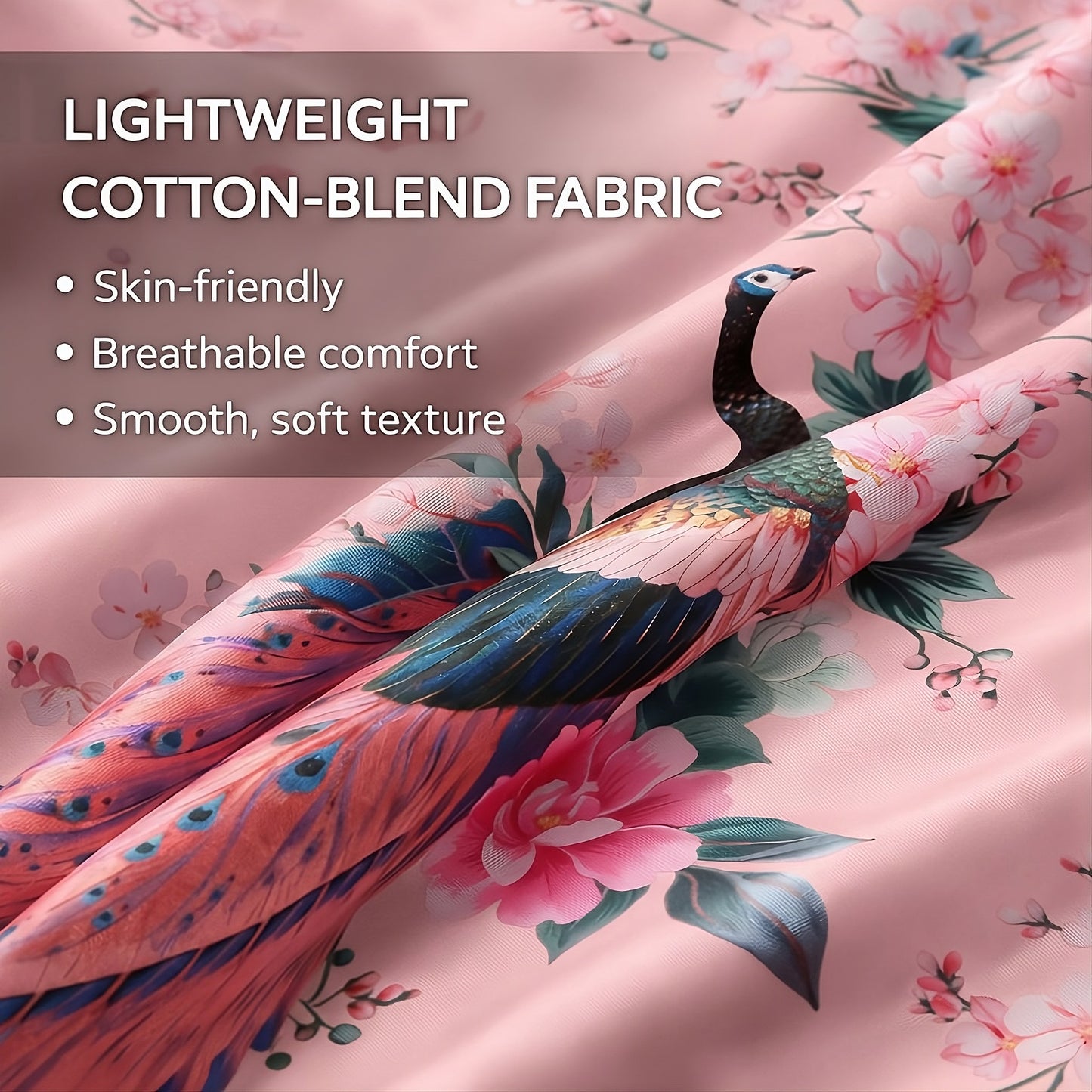 Women’s Lightweight Kimono-Style Robe, Japanese-Inspired Peacock & Blossoms Pattern, Cotton-Blend, One Size Fits Most