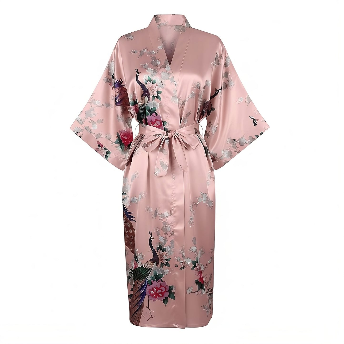 Women’s Lightweight Kimono-Style Robe, Japanese-Inspired Peacock & Blossoms Pattern, Cotton-Blend, One Size Fits Most