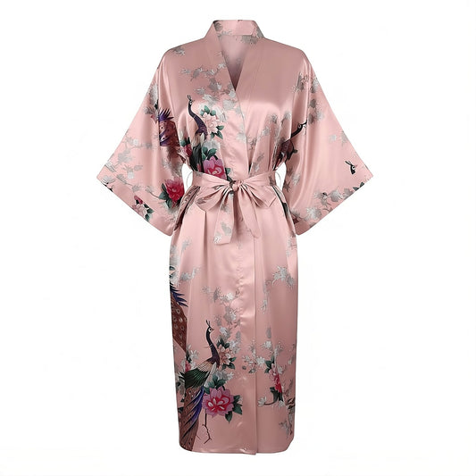 Women’s Lightweight Kimono-Style Robe, Japanese-Inspired Peacock & Blossoms Pattern, Cotton-Blend, One Size Fits Most