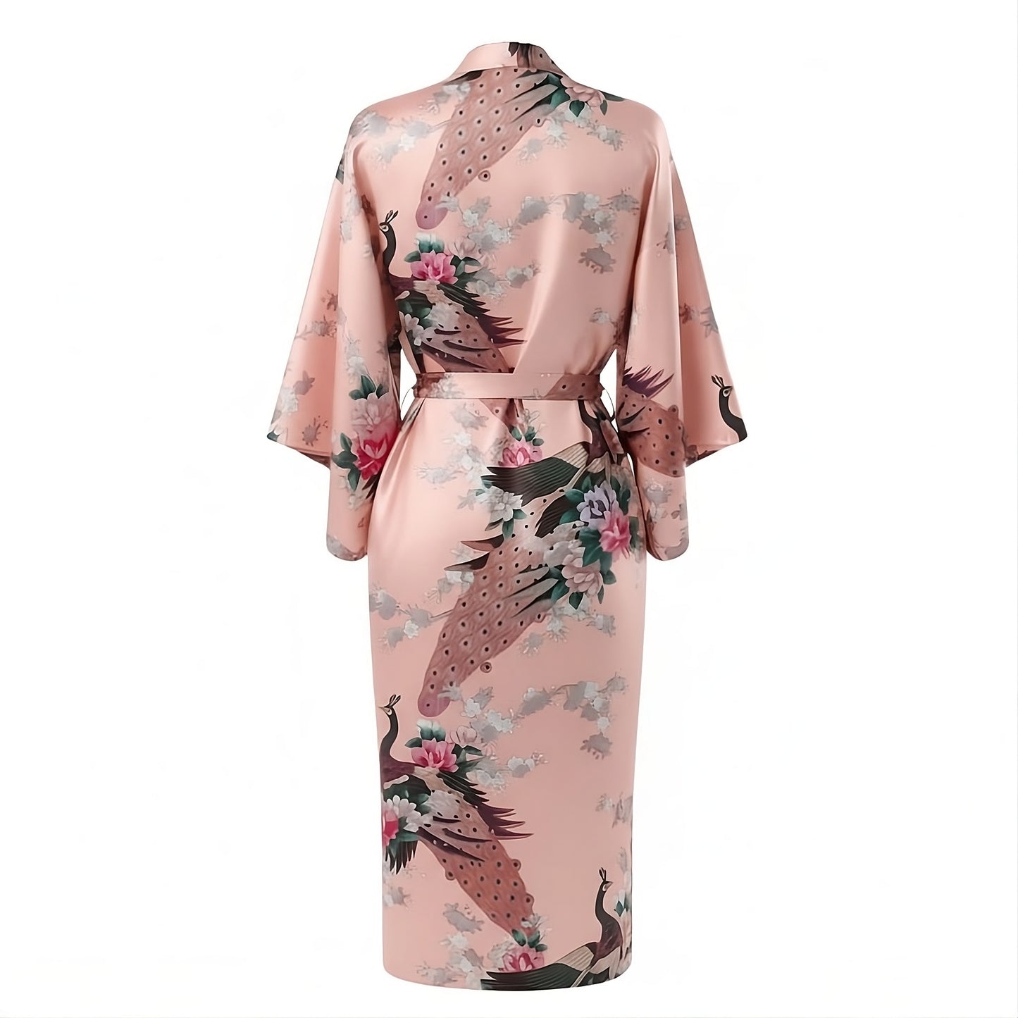 Women’s Lightweight Kimono-Style Robe, Japanese-Inspired Peacock & Blossoms Pattern, Cotton-Blend, One Size Fits Most