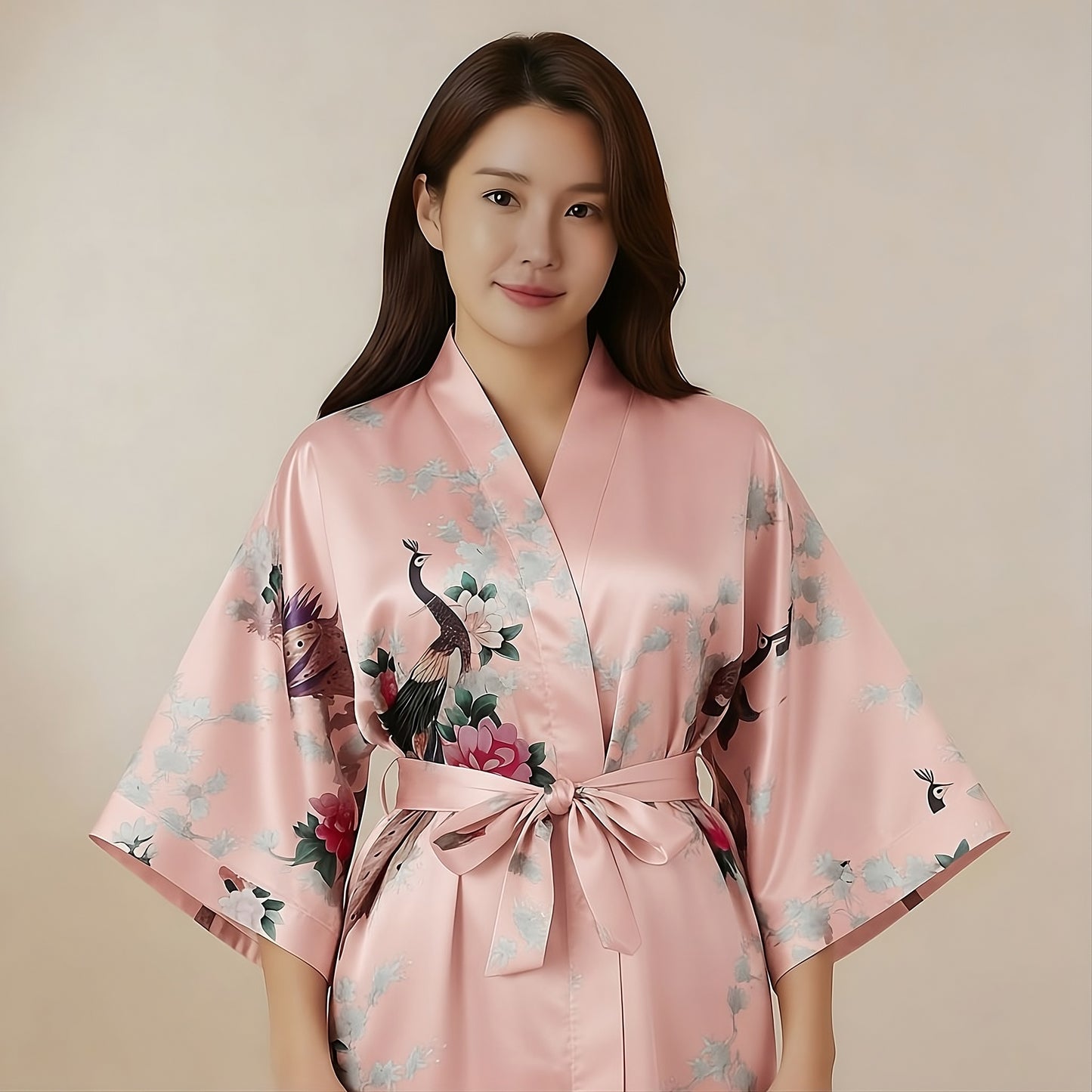Women’s Lightweight Kimono-Style Robe, Japanese-Inspired Peacock & Blossoms Pattern, Cotton-Blend, One Size Fits Most
