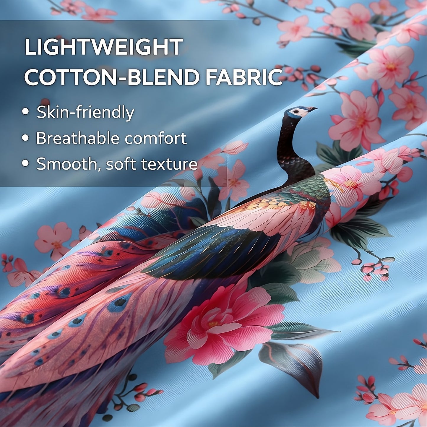 Women’s Lightweight Kimono-Style Robe, Japanese-Inspired Peacock & Blossoms Pattern, Cotton-Blend, One Size Fits Most