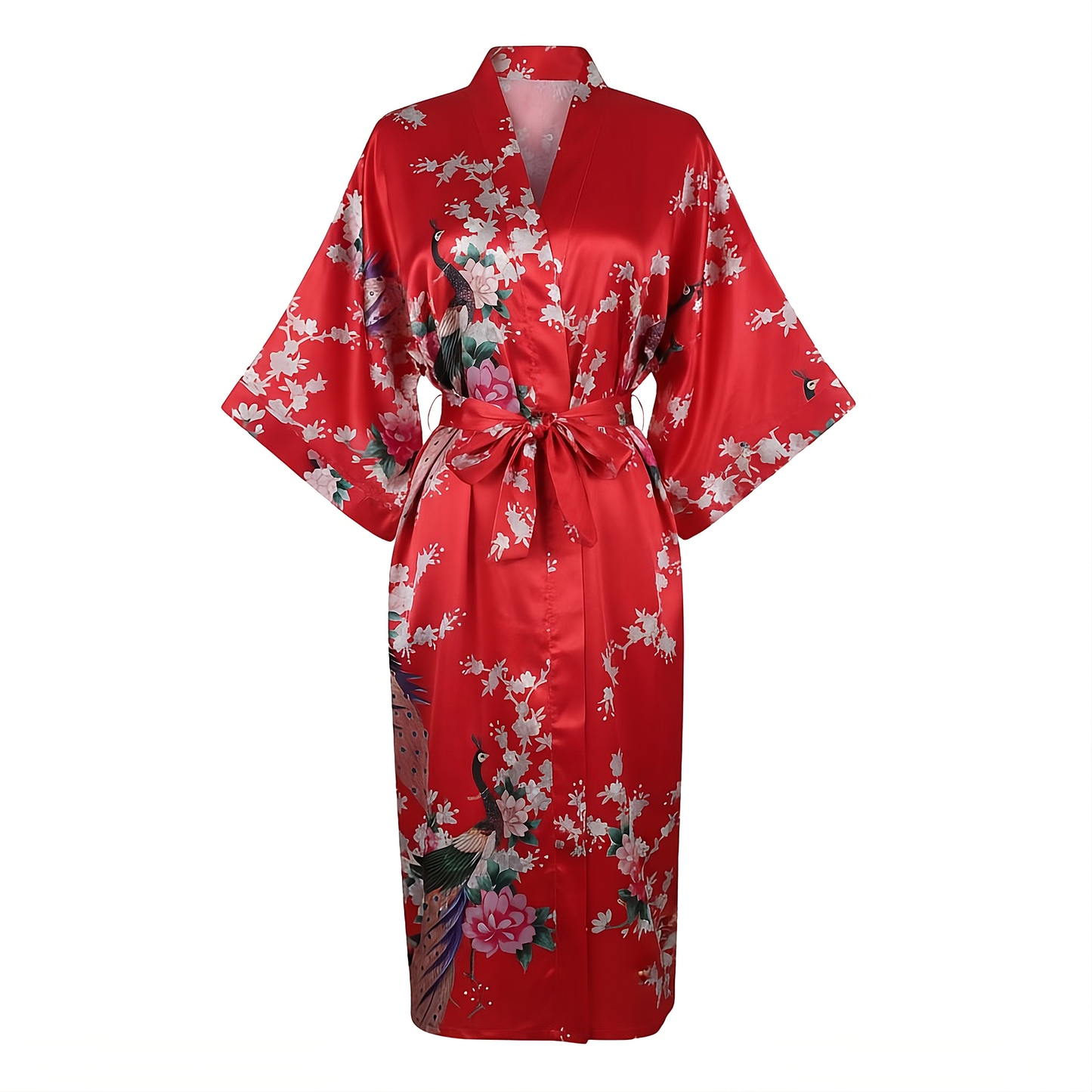 Women’s Lightweight Kimono-Style Robe, Japanese-Inspired Peacock & Blossoms Pattern, Cotton-Blend, One Size Fits Most