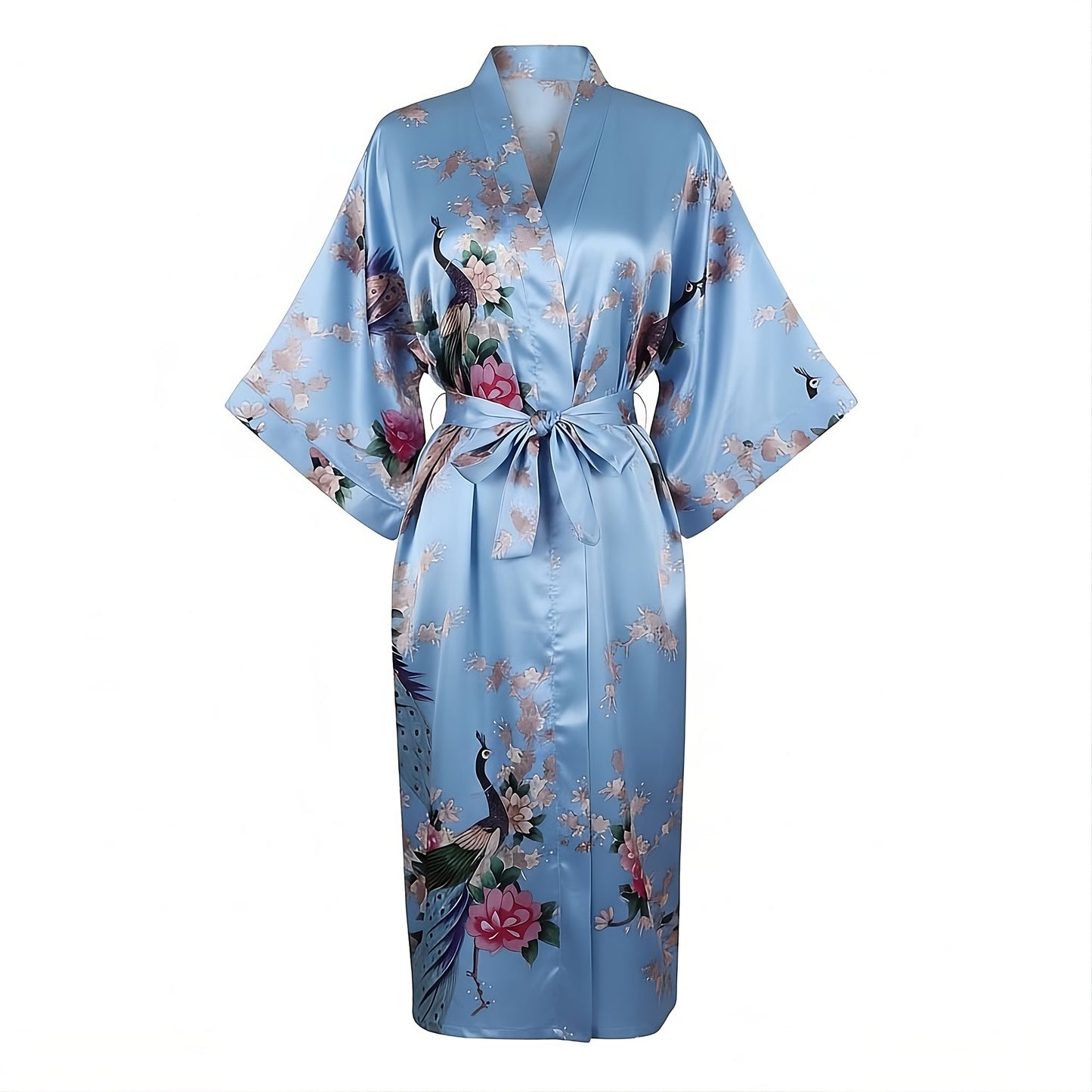Women’s Lightweight Kimono-Style Robe, Japanese-Inspired Peacock & Blossoms Pattern, Cotton-Blend, One Size Fits Most