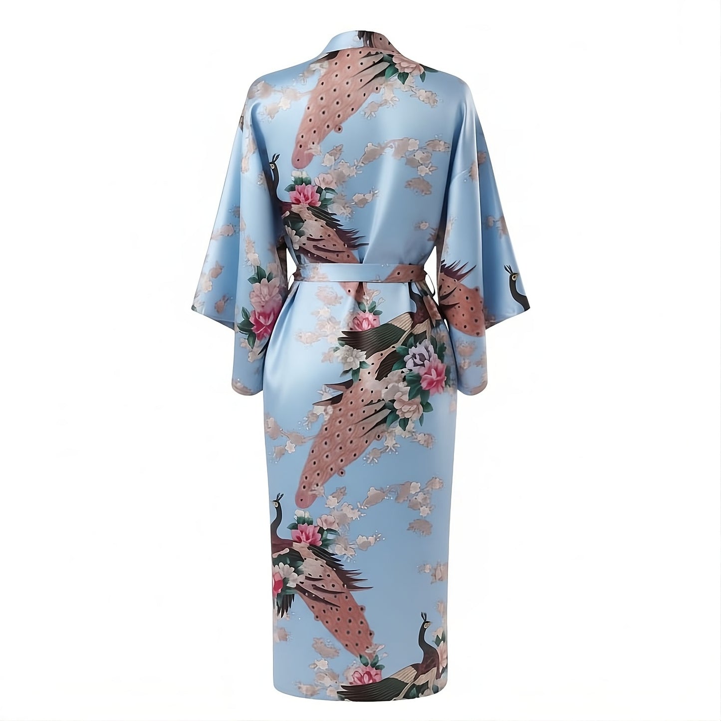 Women’s Lightweight Kimono-Style Robe, Japanese-Inspired Peacock & Blossoms Pattern, Cotton-Blend, One Size Fits Most