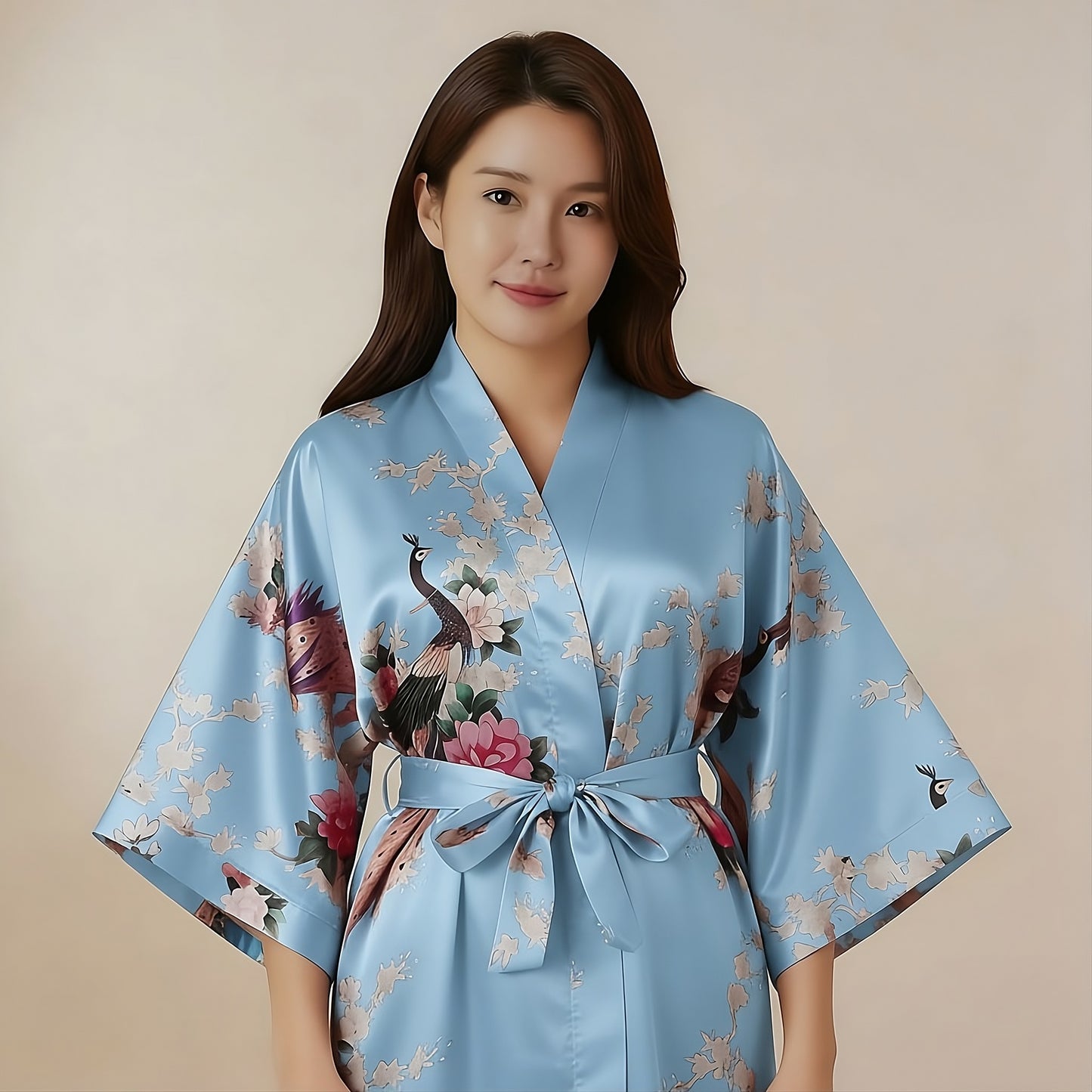 Women’s Lightweight Kimono-Style Robe, Japanese-Inspired Peacock & Blossoms Pattern, Cotton-Blend, One Size Fits Most