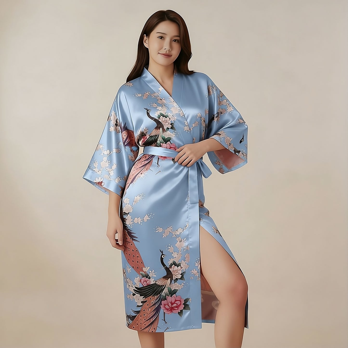 Women’s Lightweight Kimono-Style Robe, Japanese-Inspired Peacock & Blossoms Pattern, Cotton-Blend, One Size Fits Most