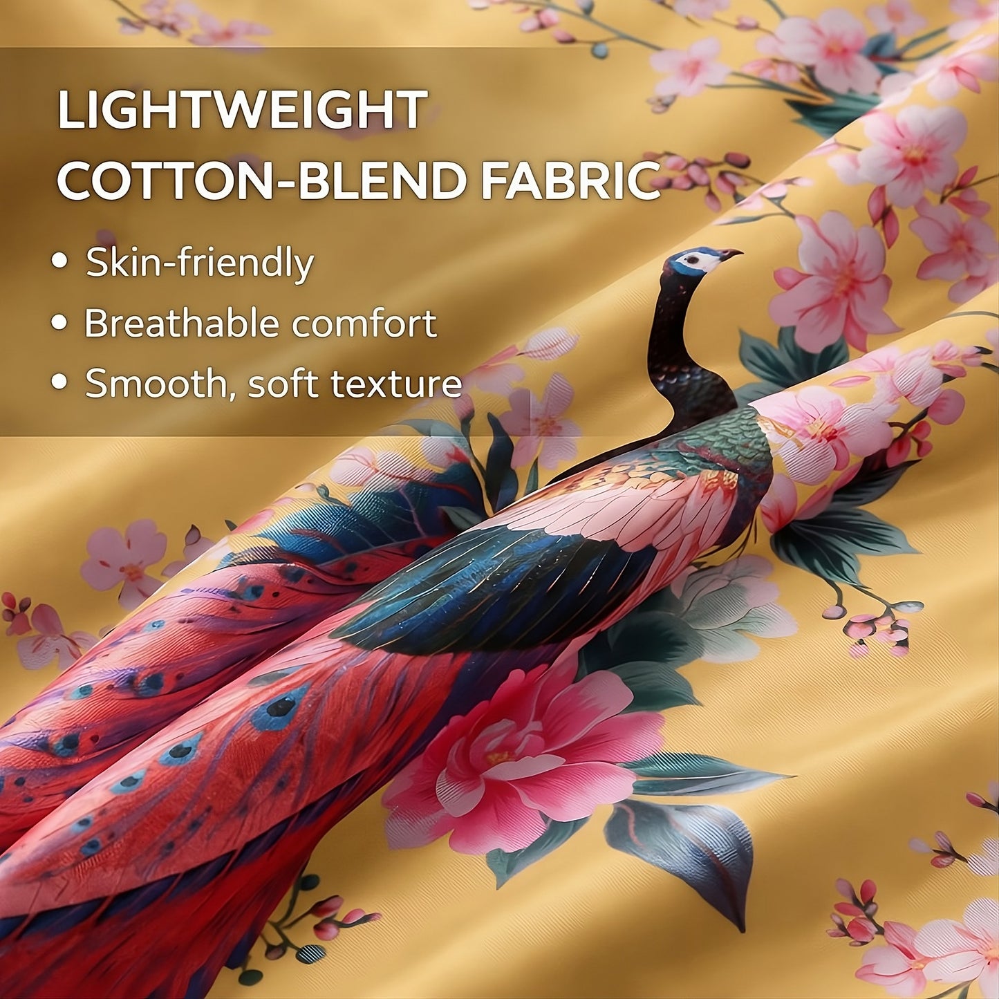 Women’s Lightweight Kimono-Style Robe, Japanese-Inspired Peacock & Blossoms Pattern, Cotton-Blend, One Size Fits Most