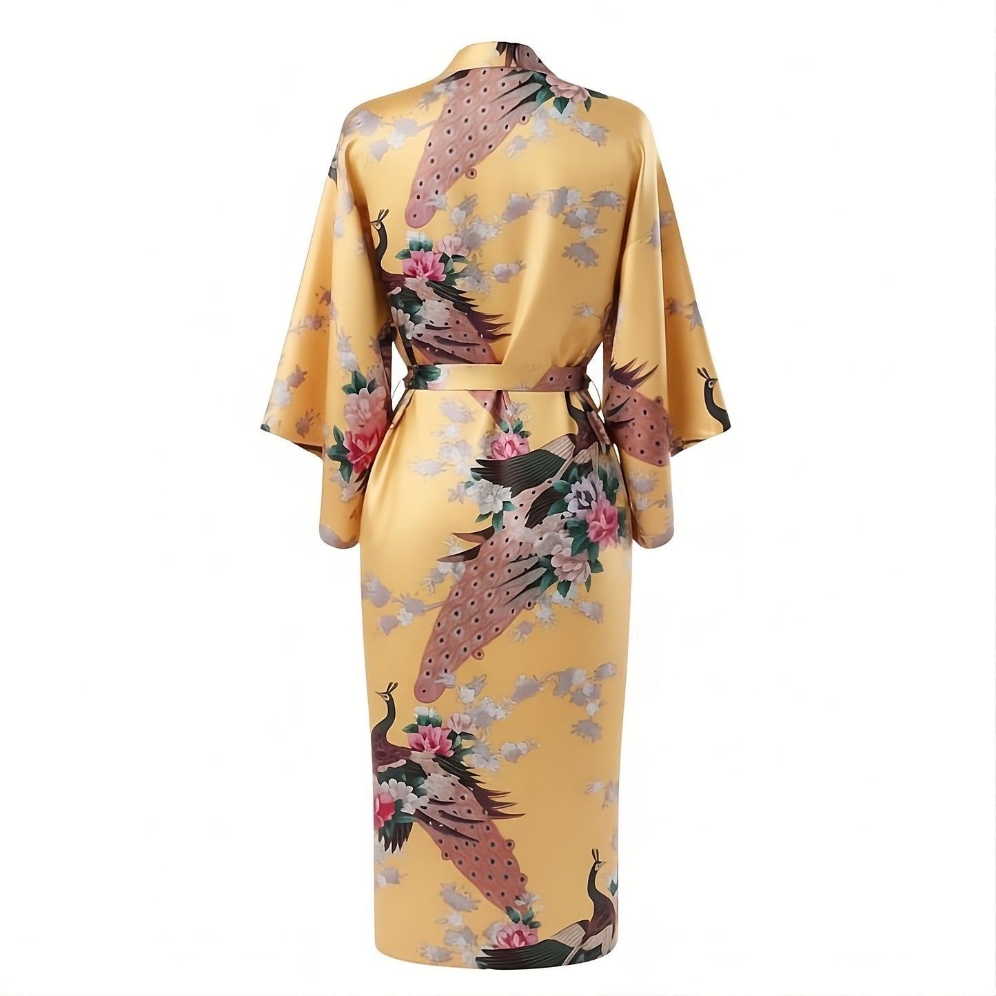 Women’s Lightweight Kimono-Style Robe, Japanese-Inspired Peacock & Blossoms Pattern, Cotton-Blend, One Size Fits Most