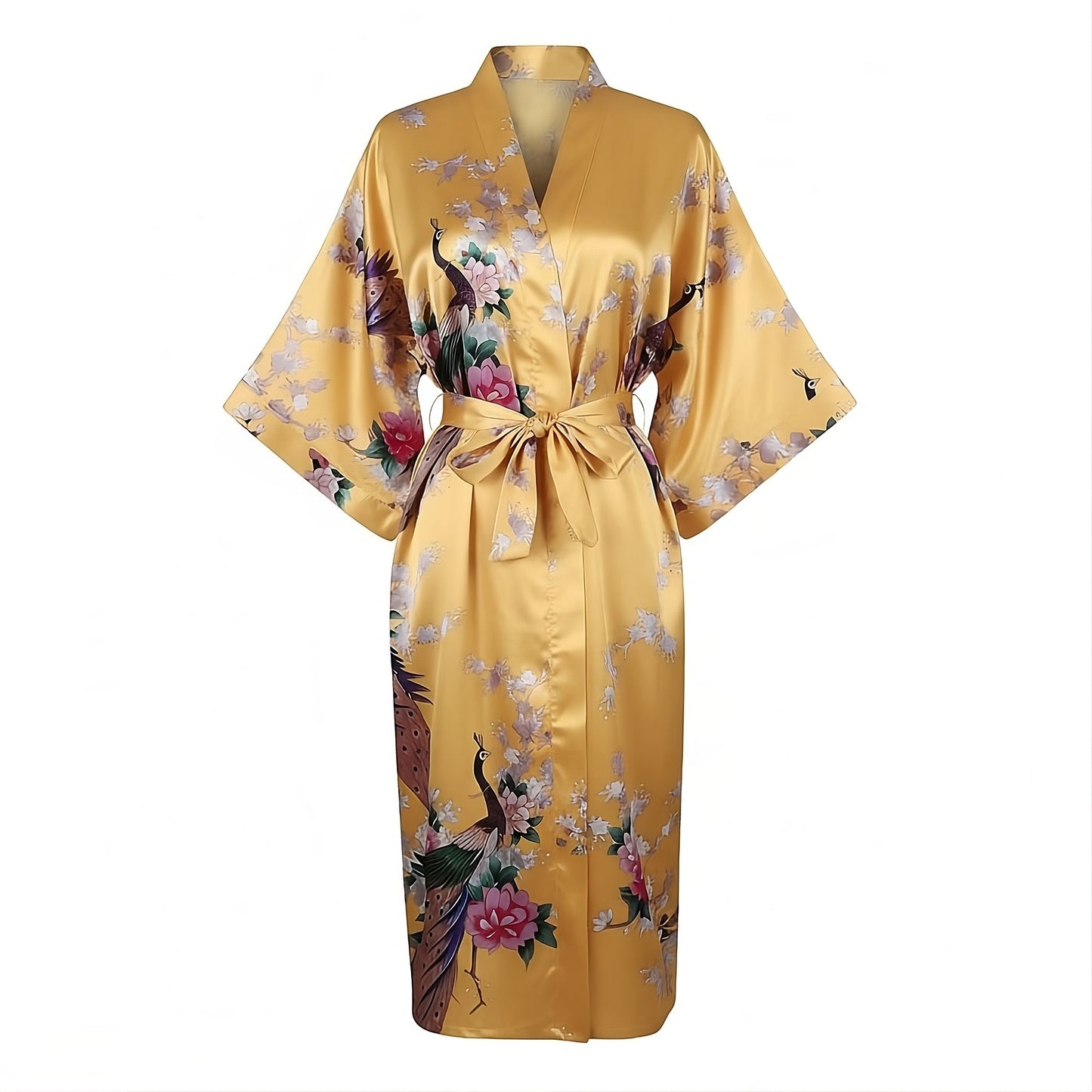 Women’s Lightweight Kimono-Style Robe, Japanese-Inspired Peacock & Blossoms Pattern, Cotton-Blend, One Size Fits Most