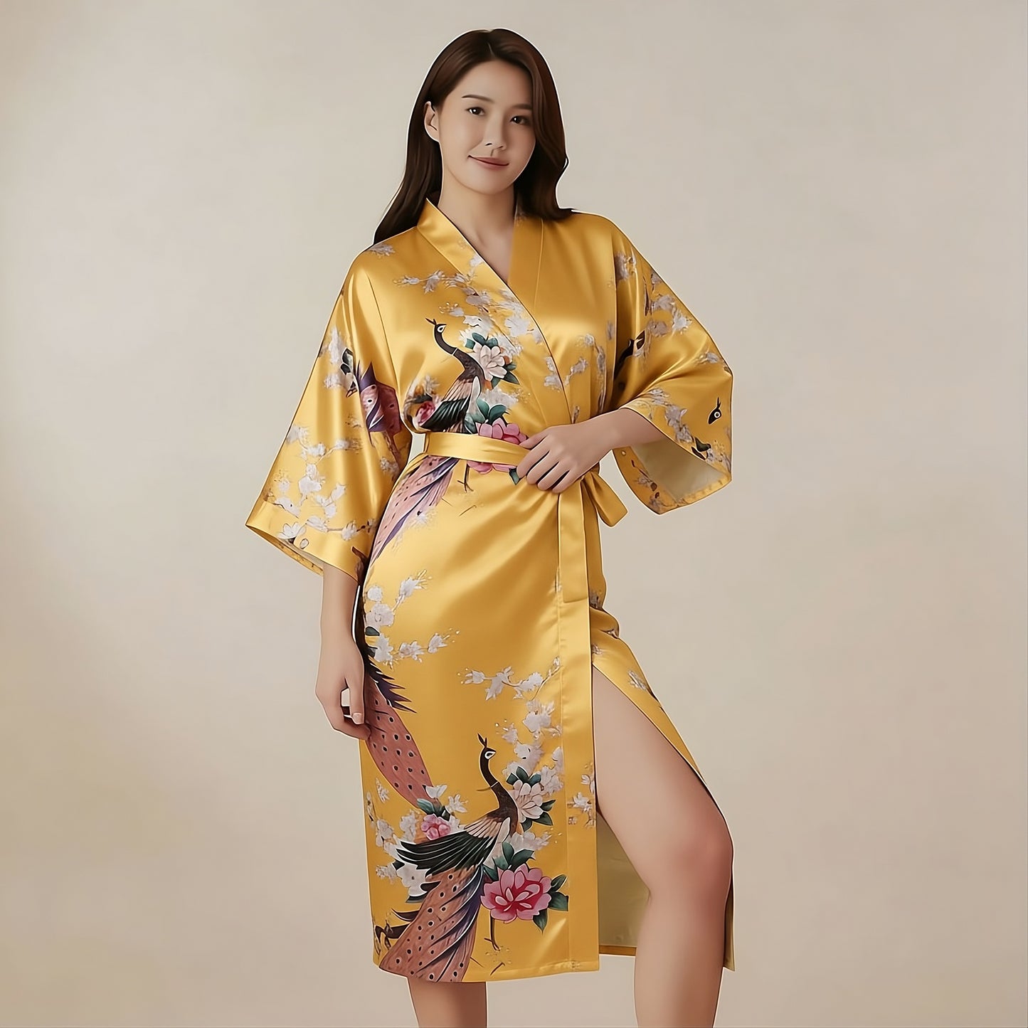 Women’s Lightweight Kimono-Style Robe, Japanese-Inspired Peacock & Blossoms Pattern, Cotton-Blend, One Size Fits Most