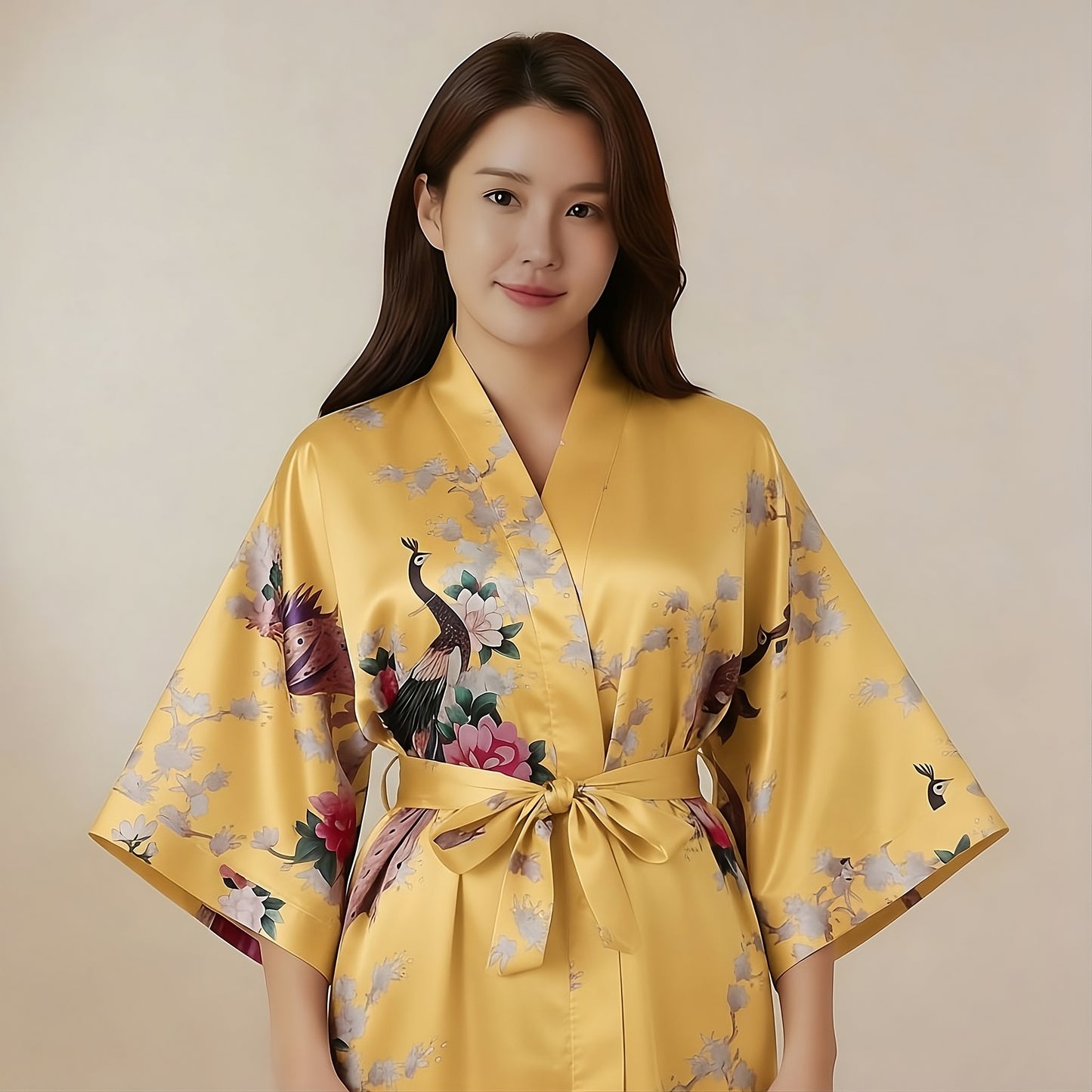 Women’s Lightweight Kimono-Style Robe, Japanese-Inspired Peacock & Blossoms Pattern, Cotton-Blend, One Size Fits Most