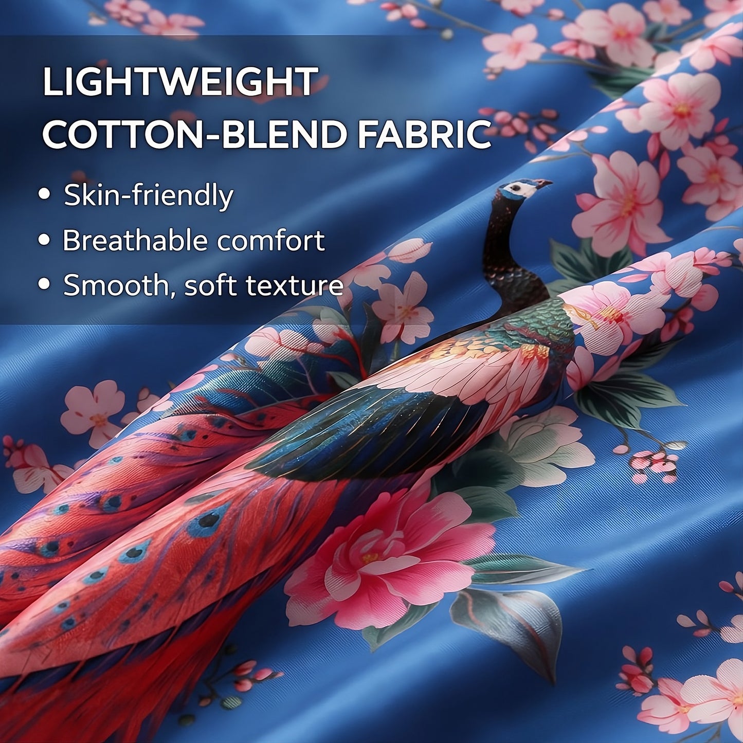 Women’s Lightweight Kimono-Style Robe, Japanese-Inspired Peacock & Blossoms Pattern, Cotton-Blend, One Size Fits Most