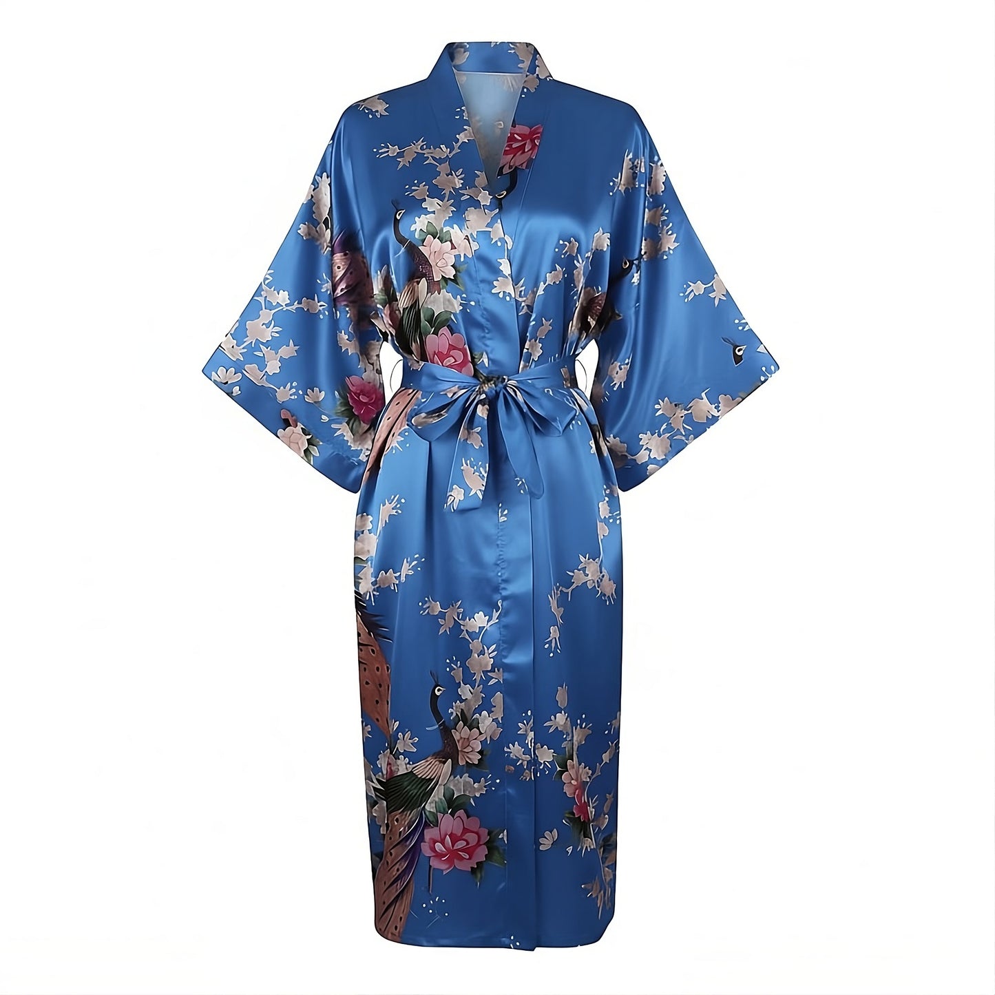 Women’s Lightweight Kimono-Style Robe, Japanese-Inspired Peacock & Blossoms Pattern, Cotton-Blend, One Size Fits Most