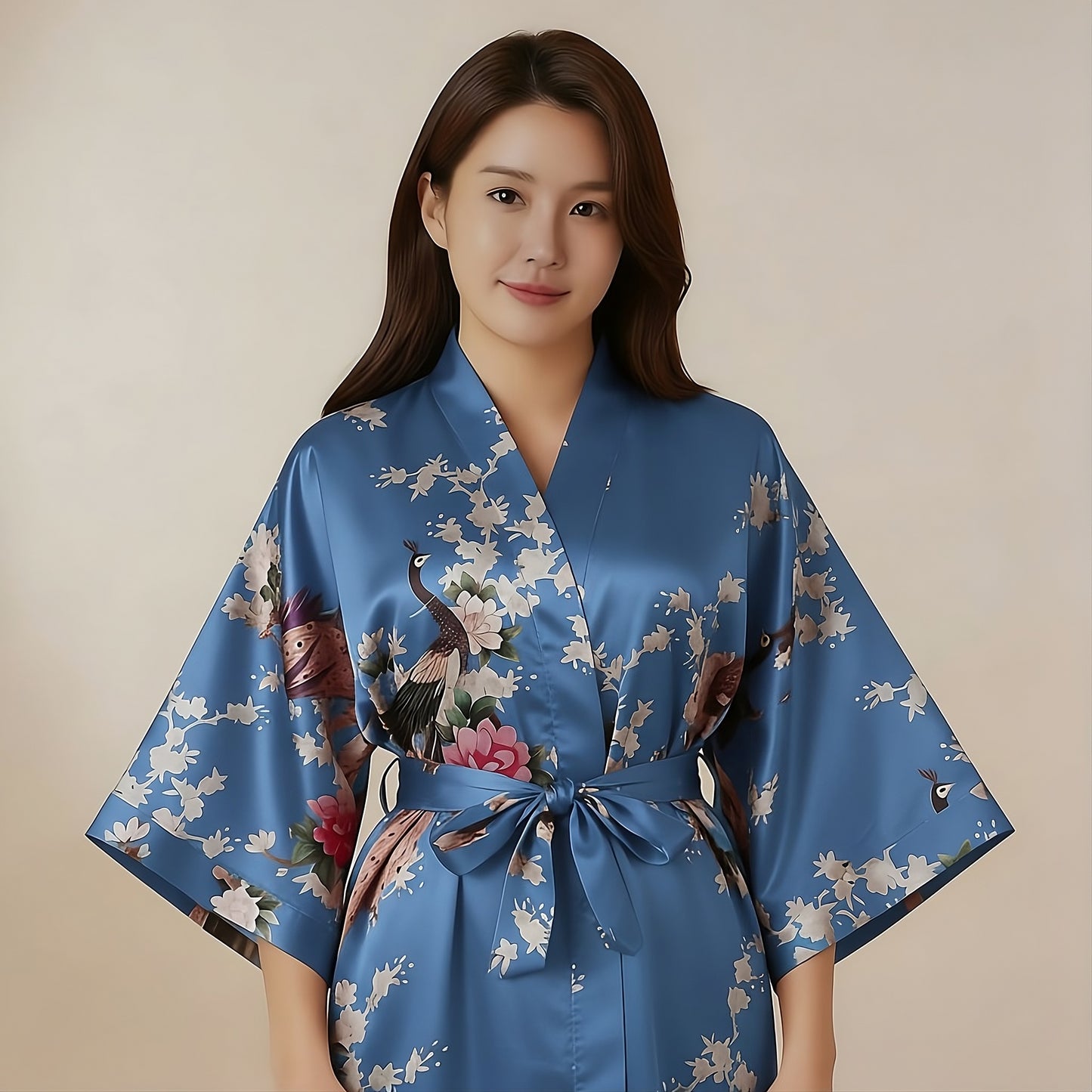 Women’s Lightweight Kimono-Style Robe, Japanese-Inspired Peacock & Blossoms Pattern, Cotton-Blend, One Size Fits Most