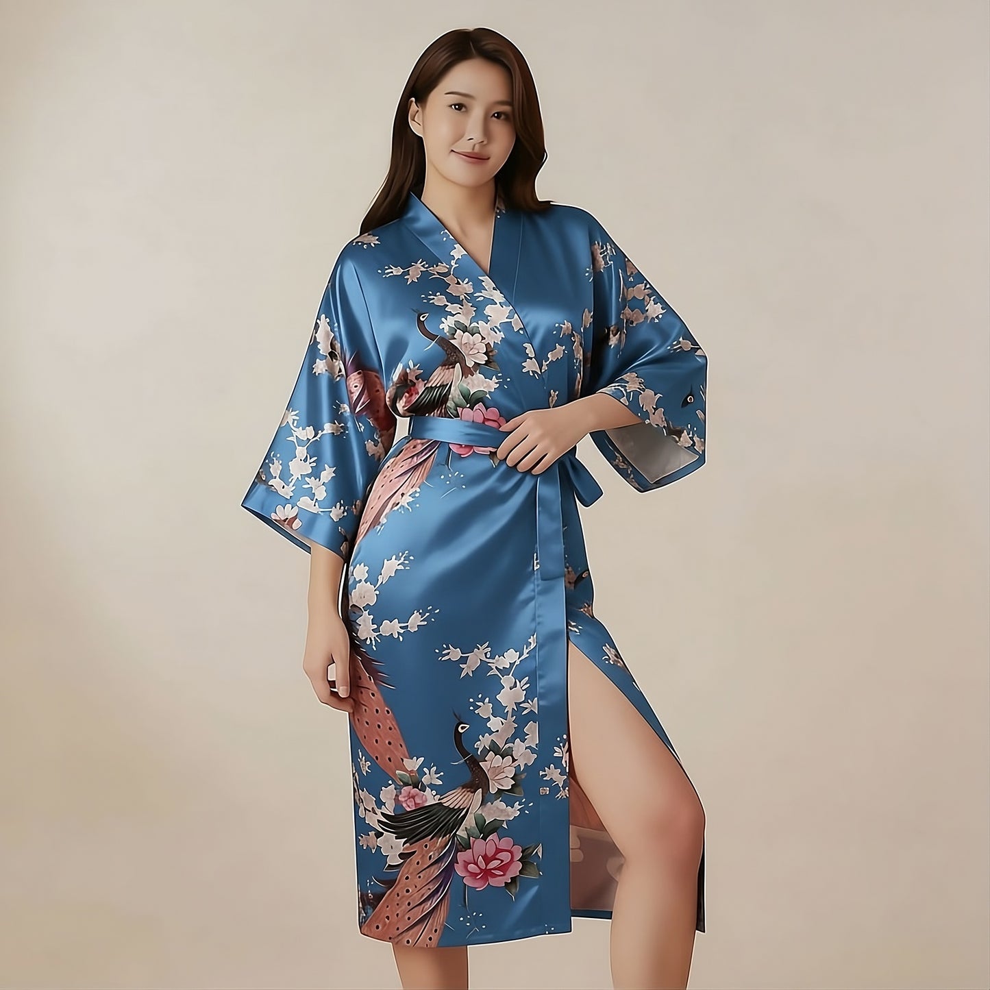 Women’s Lightweight Kimono-Style Robe, Japanese-Inspired Peacock & Blossoms Pattern, Cotton-Blend, One Size Fits Most