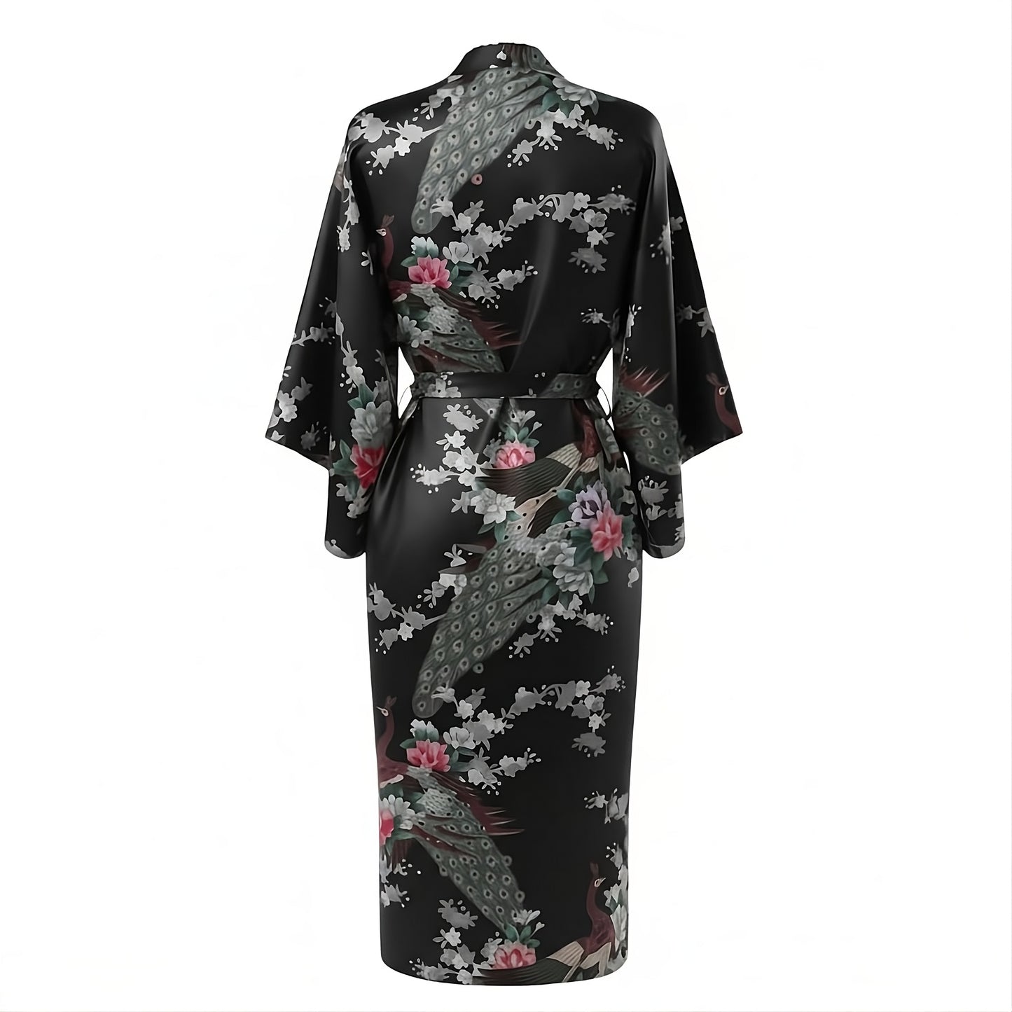 Women’s Lightweight Kimono-Style Robe, Japanese-Inspired Peacock & Blossoms Pattern, Cotton-Blend, One Size Fits Most