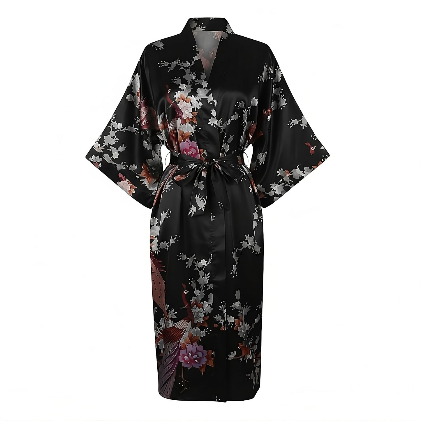 Women’s Lightweight Kimono-Style Robe, Japanese-Inspired Peacock & Blossoms Pattern, Cotton-Blend, One Size Fits Most