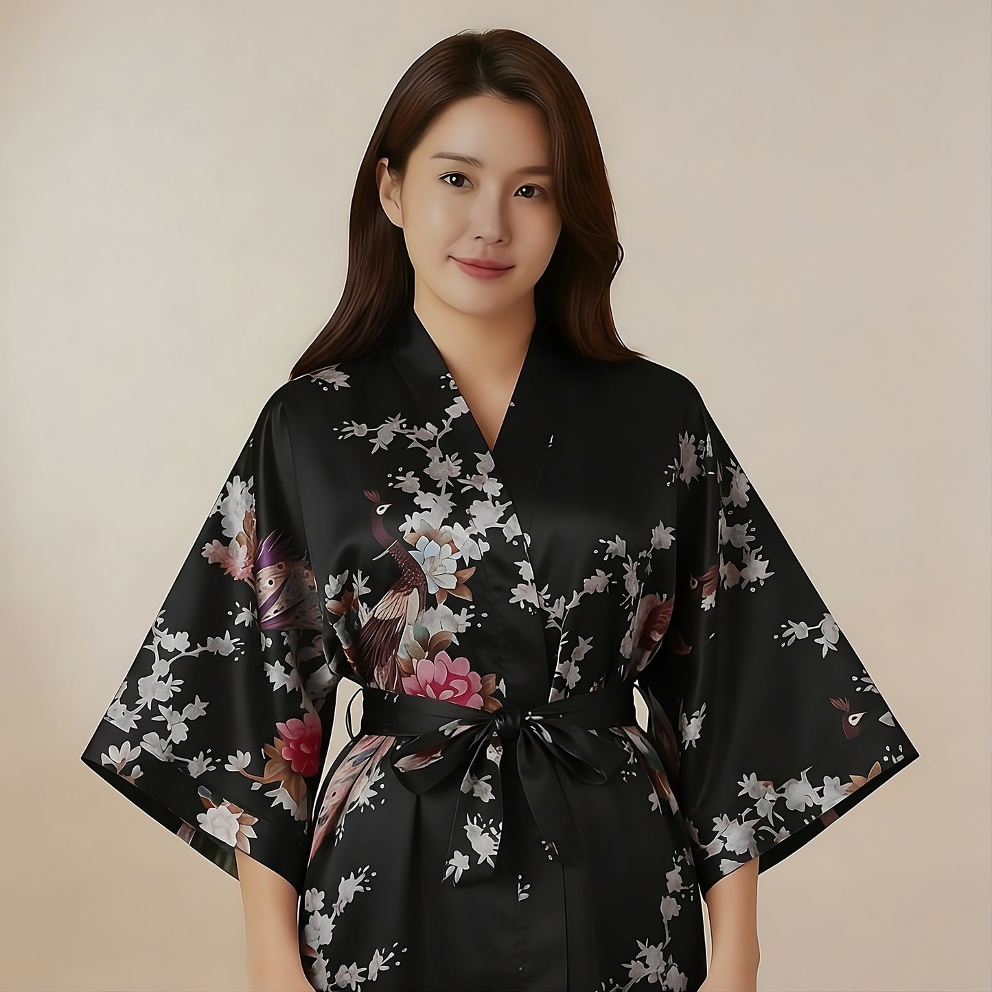 Women’s Lightweight Kimono-Style Robe, Japanese-Inspired Peacock & Blossoms Pattern, Cotton-Blend, One Size Fits Most