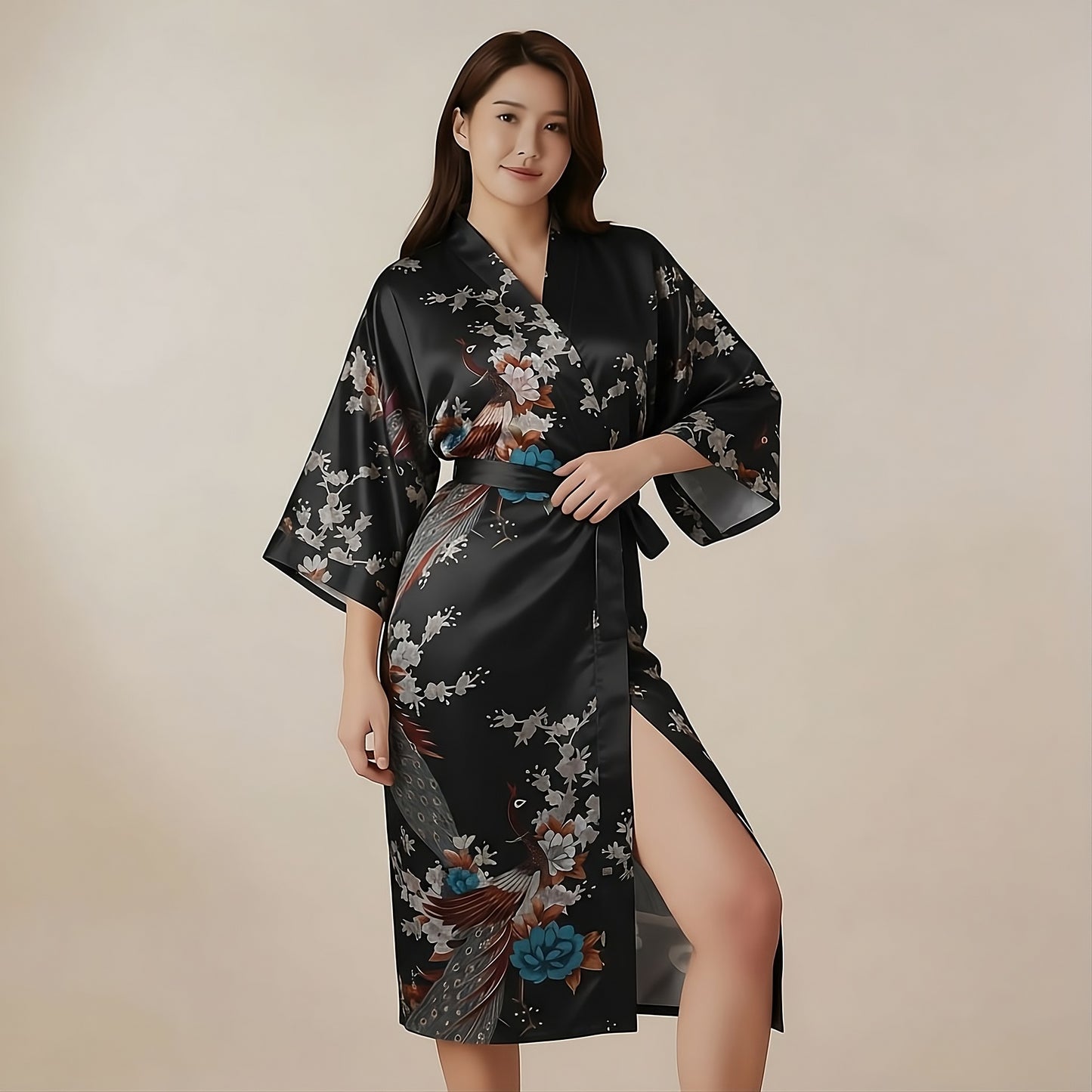 Women’s Lightweight Kimono-Style Robe, Japanese-Inspired Peacock & Blossoms Pattern, Cotton-Blend, One Size Fits Most