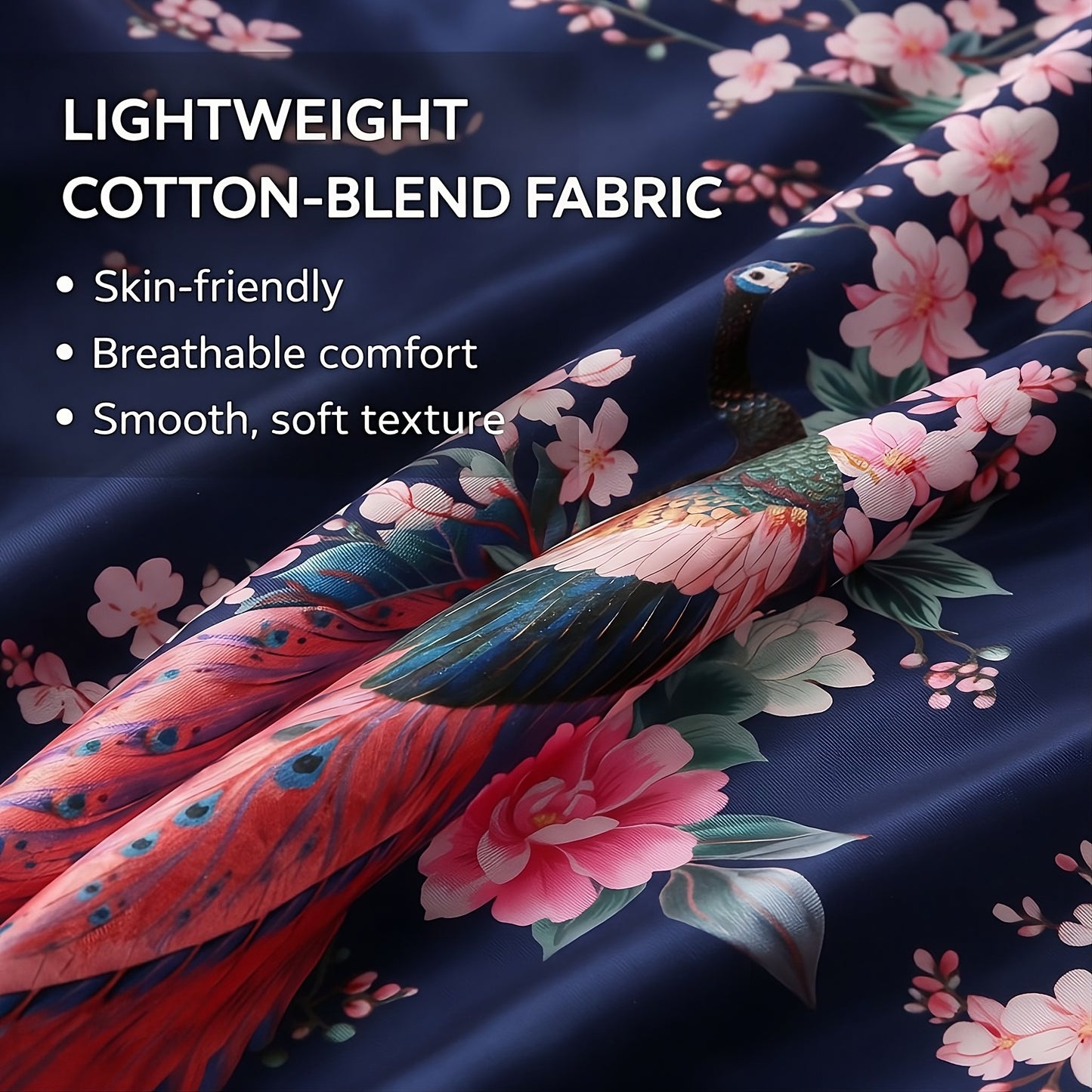 Women’s Lightweight Kimono-Style Robe, Japanese-Inspired Peacock & Blossoms Pattern, Cotton-Blend, One Size Fits Most