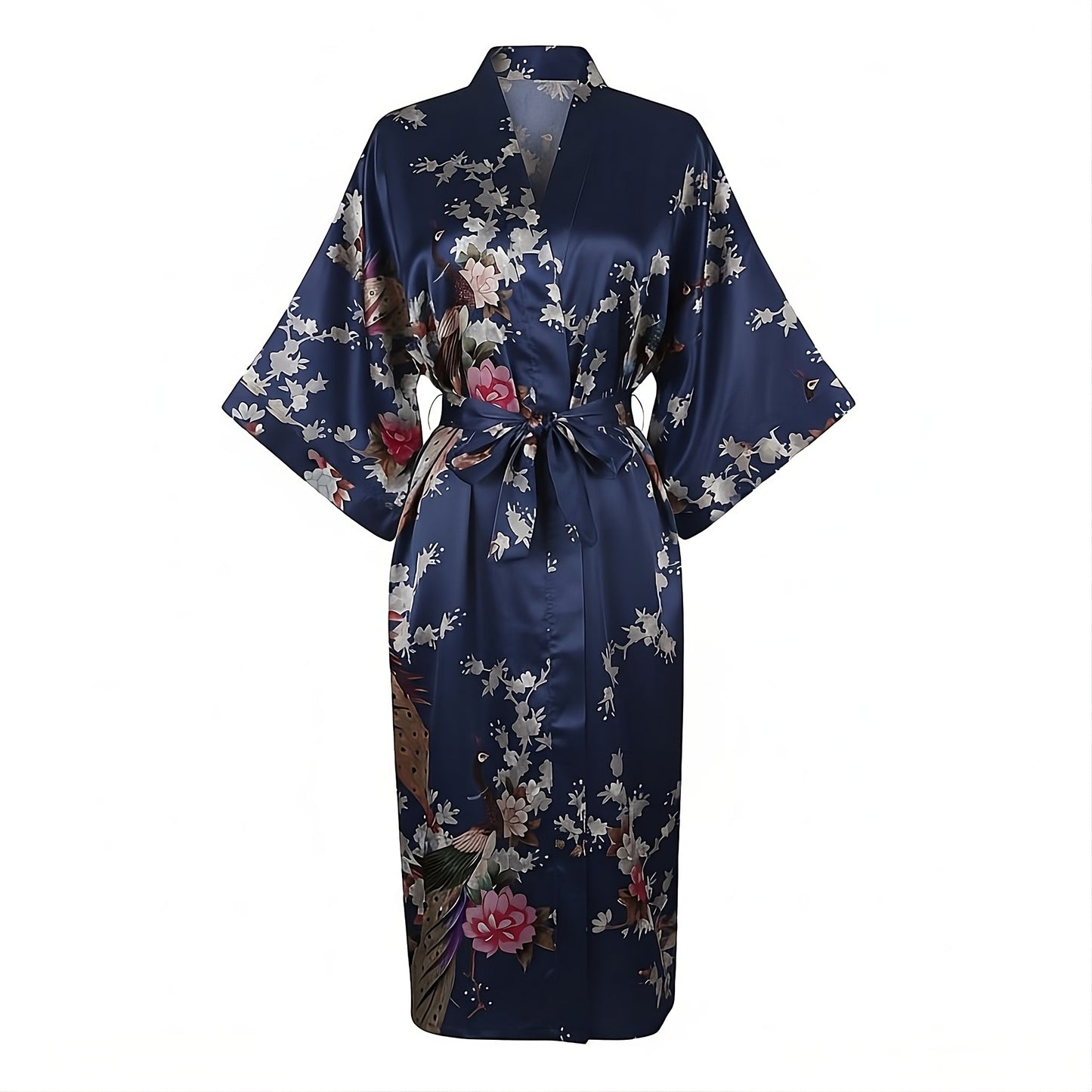Women’s Lightweight Kimono-Style Robe, Japanese-Inspired Peacock & Blossoms Pattern, Cotton-Blend, One Size Fits Most