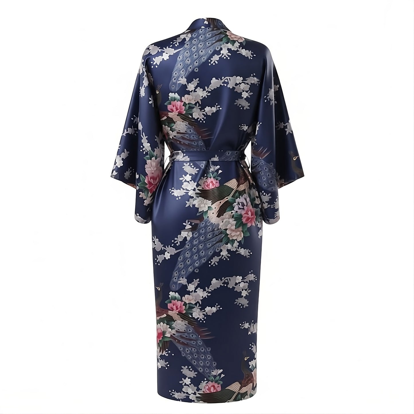 Women’s Lightweight Kimono-Style Robe, Japanese-Inspired Peacock & Blossoms Pattern, Cotton-Blend, One Size Fits Most