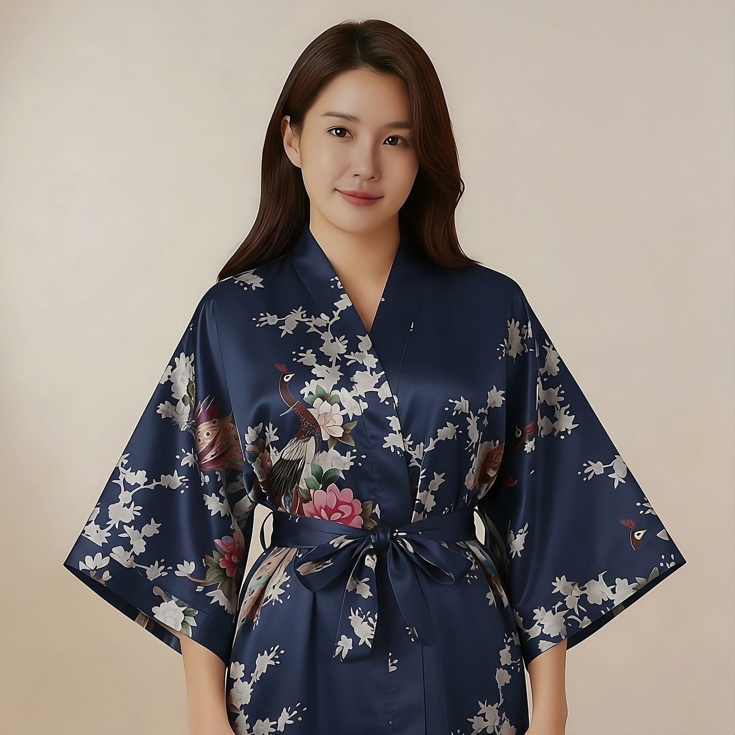 Women’s Lightweight Kimono-Style Robe, Japanese-Inspired Peacock & Blossoms Pattern, Cotton-Blend, One Size Fits Most