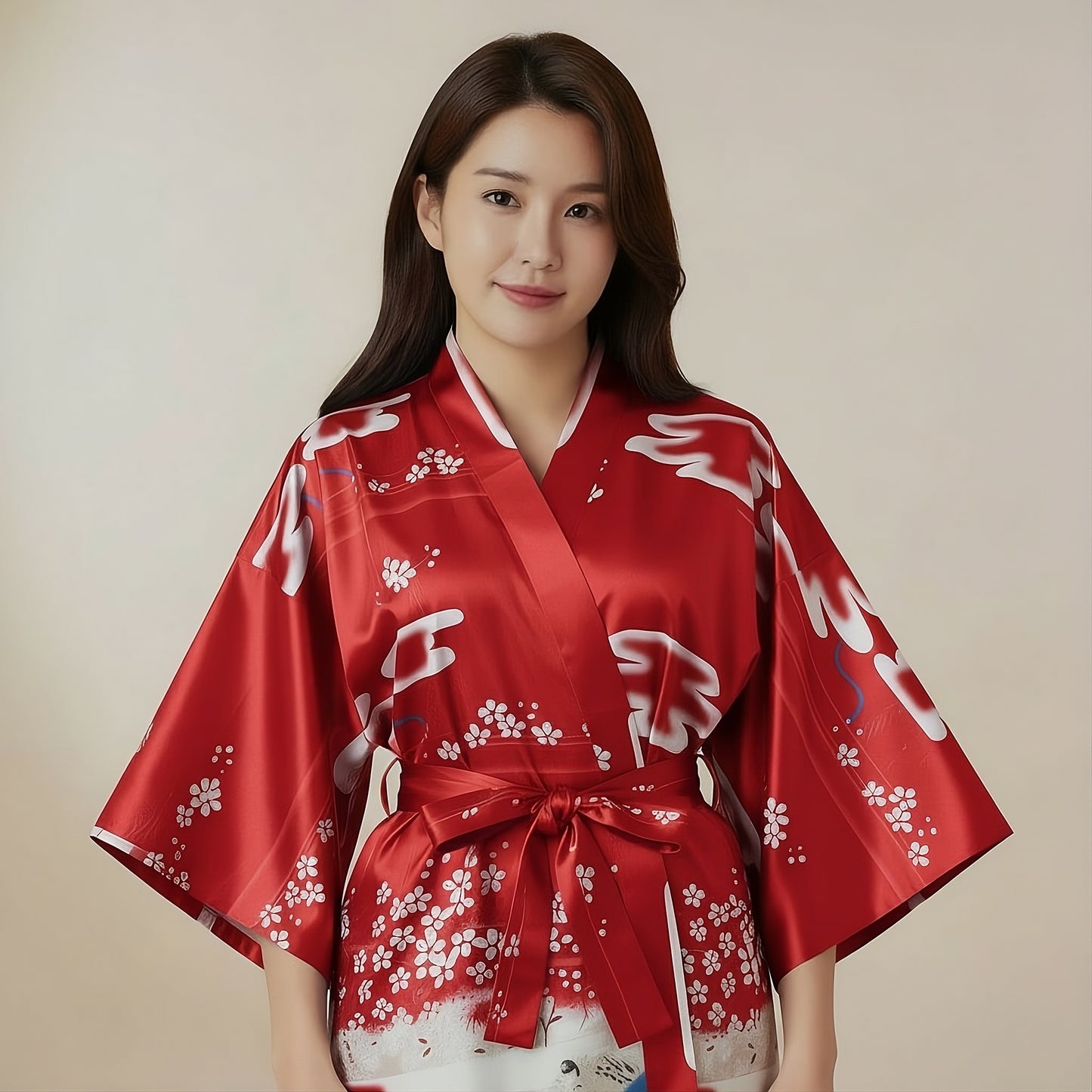 Women’s Lightweight Kimono-Style Robe, Japanese-Inspired Floral & Cloud Pattern, Cotton-Blend, One Size Fits Most