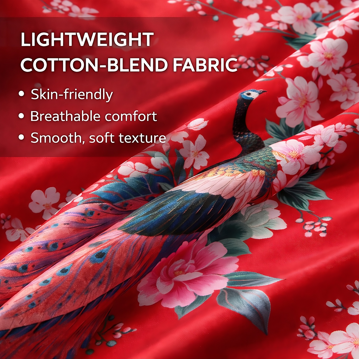 Women’s Lightweight Kimono-Style Robe, Japanese-Inspired Peacock & Blossoms Pattern, Cotton-Blend, One Size Fits Most