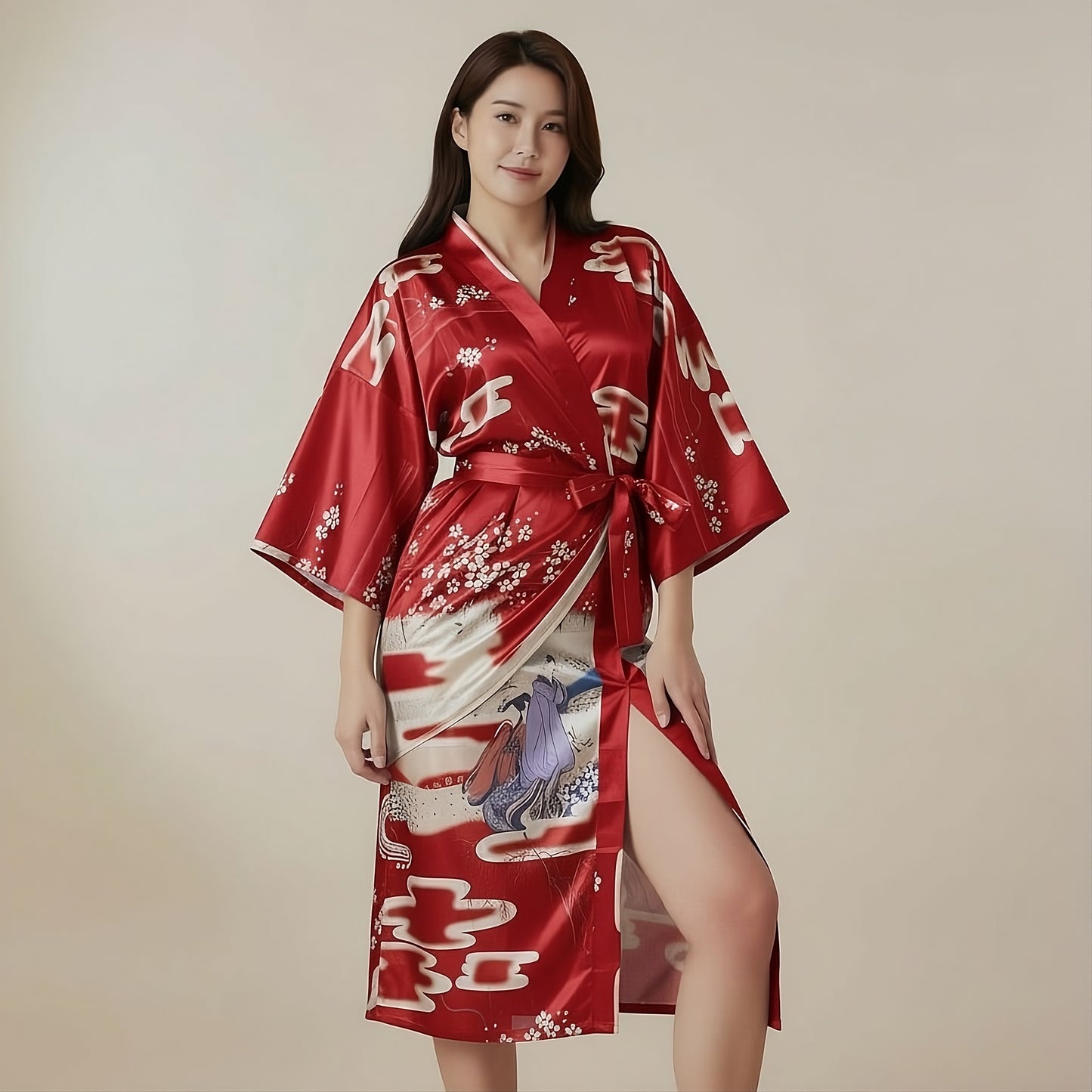 Women’s Lightweight Kimono-Style Robe, Japanese-Inspired Floral & Cloud Pattern, Cotton-Blend, One Size Fits Most